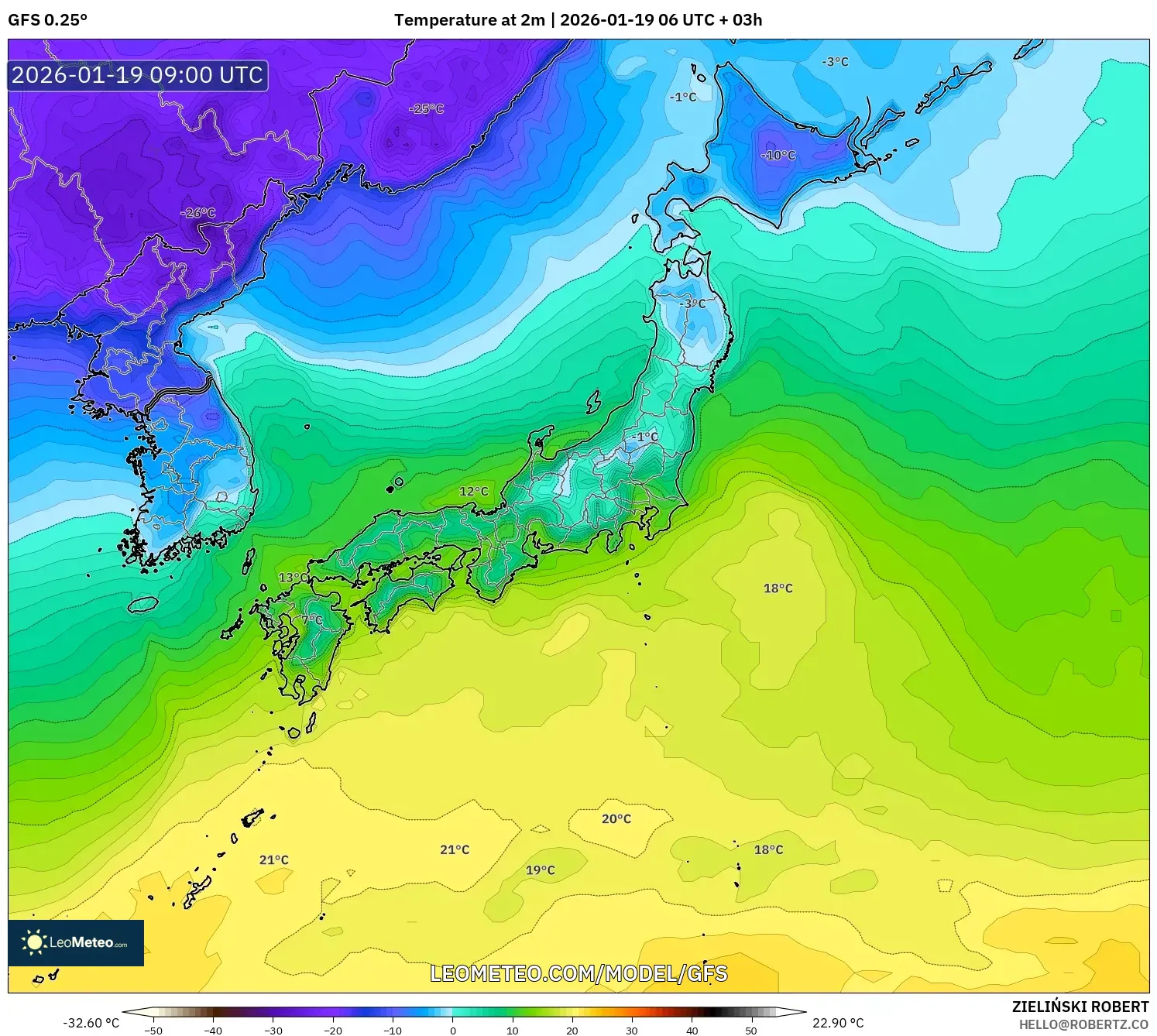 GFS model - Japan, Temperature at 2m