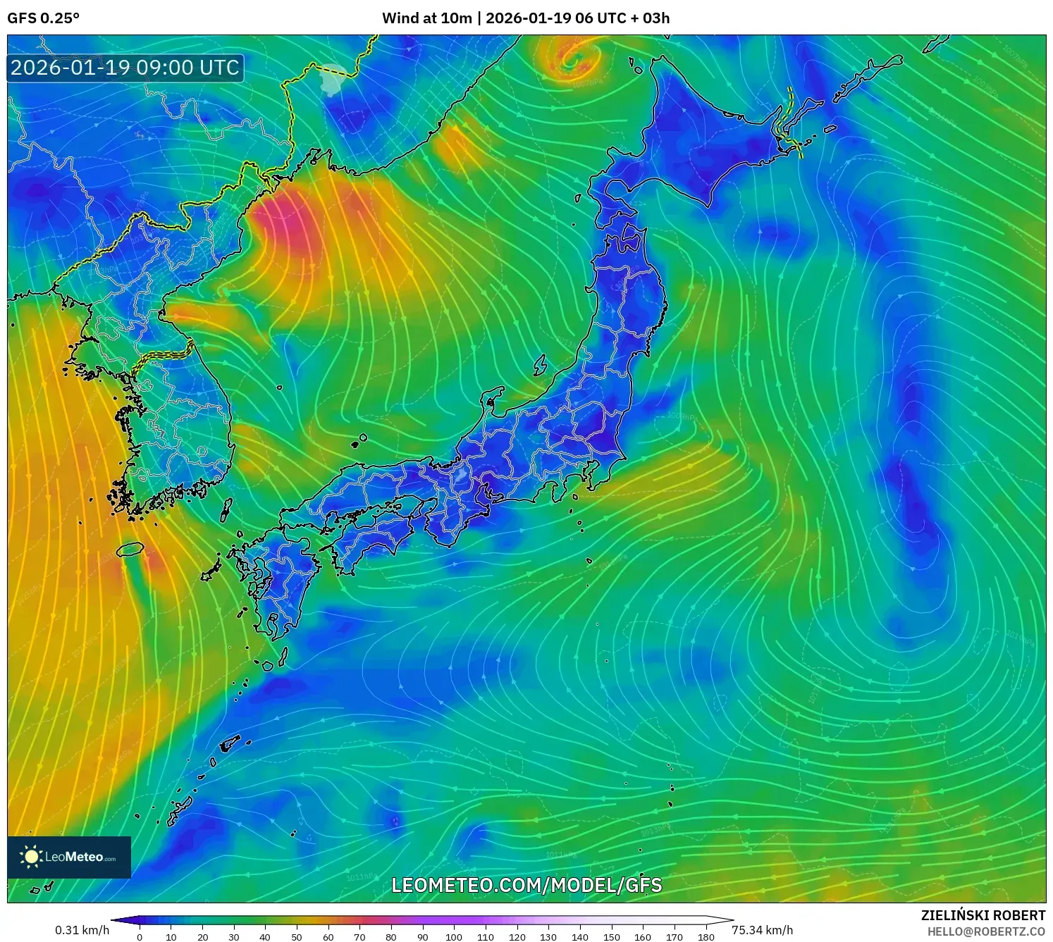 GFS model - Japan, Wind at 10m