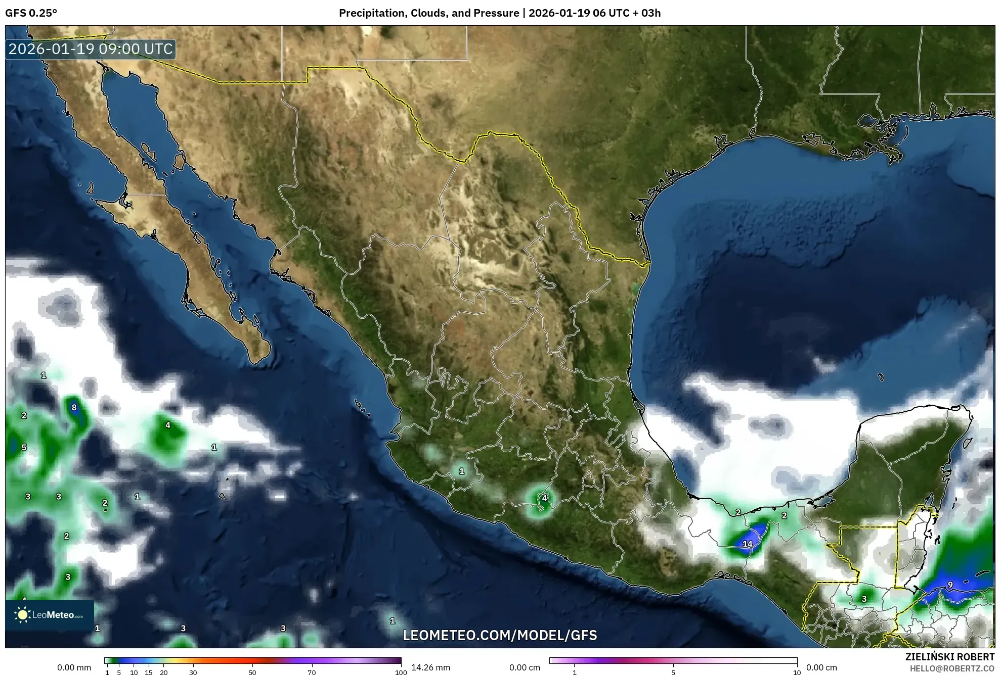 GFS model - Mexico, Precipitation, Clouds, and Pressure