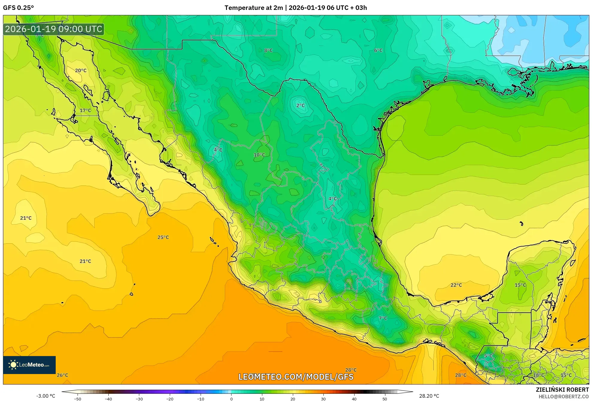 GFS model - Mexico, Temperature at 2m