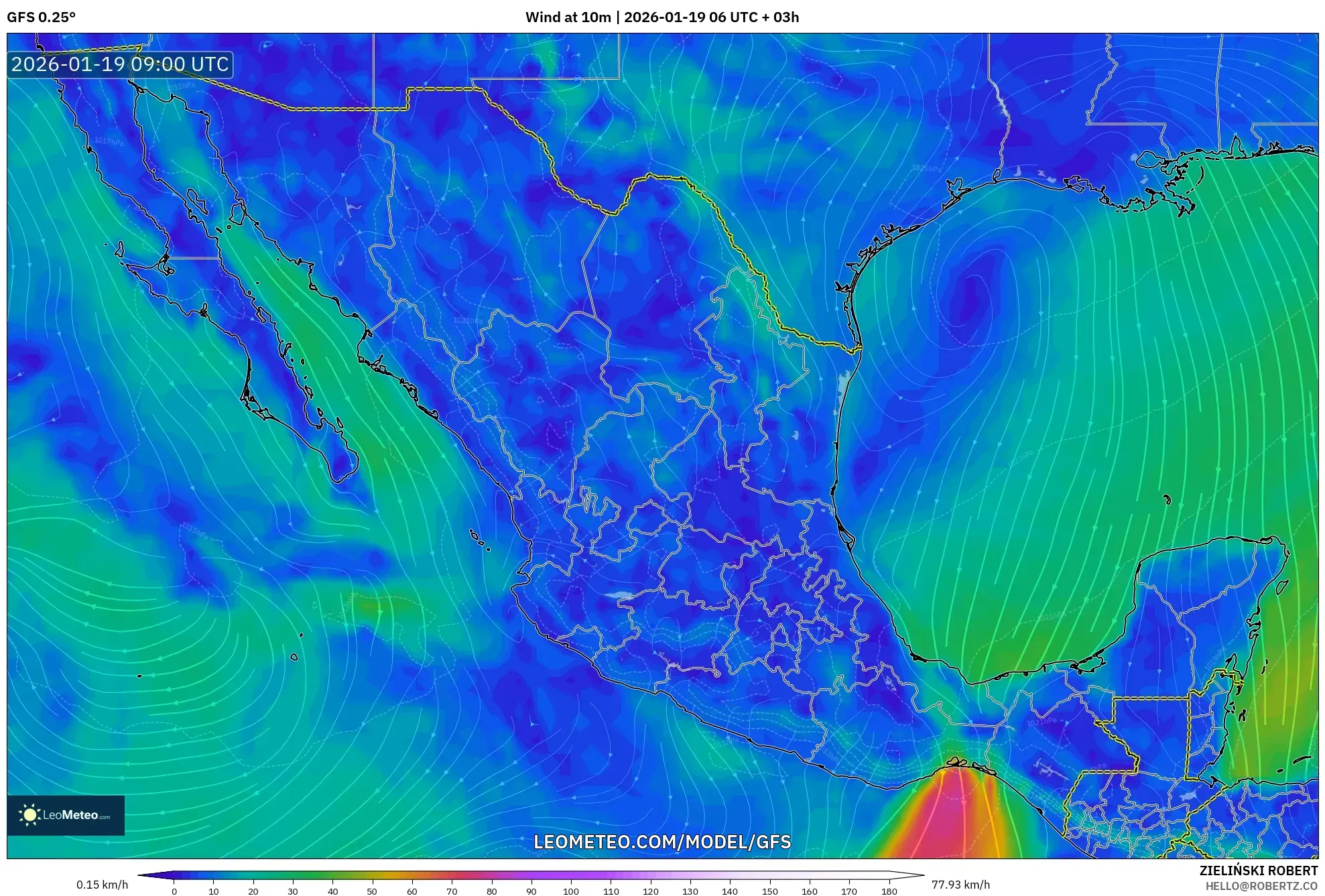 GFS model - Mexico, Wind at 10m