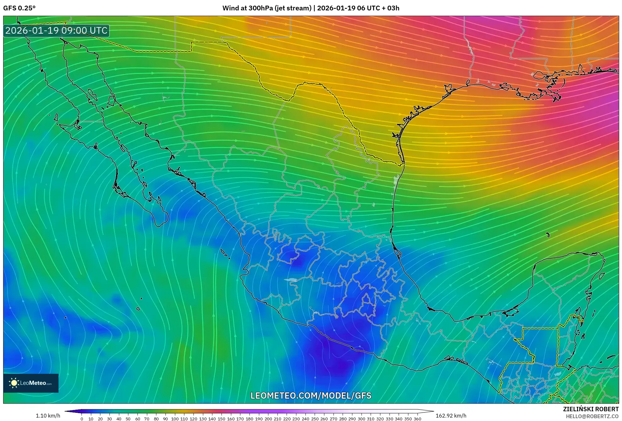 GFS model - Mexico, Wind at 300hPa (jet stream)