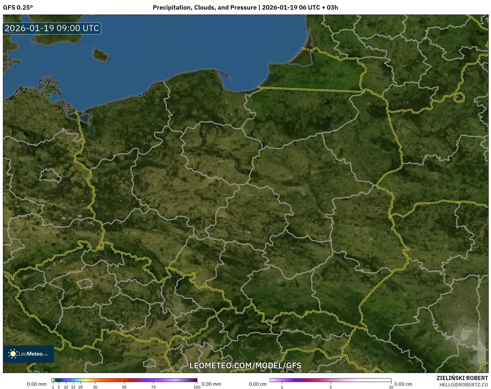 GFS model - Poland, Precipitation, Clouds, and Pressure