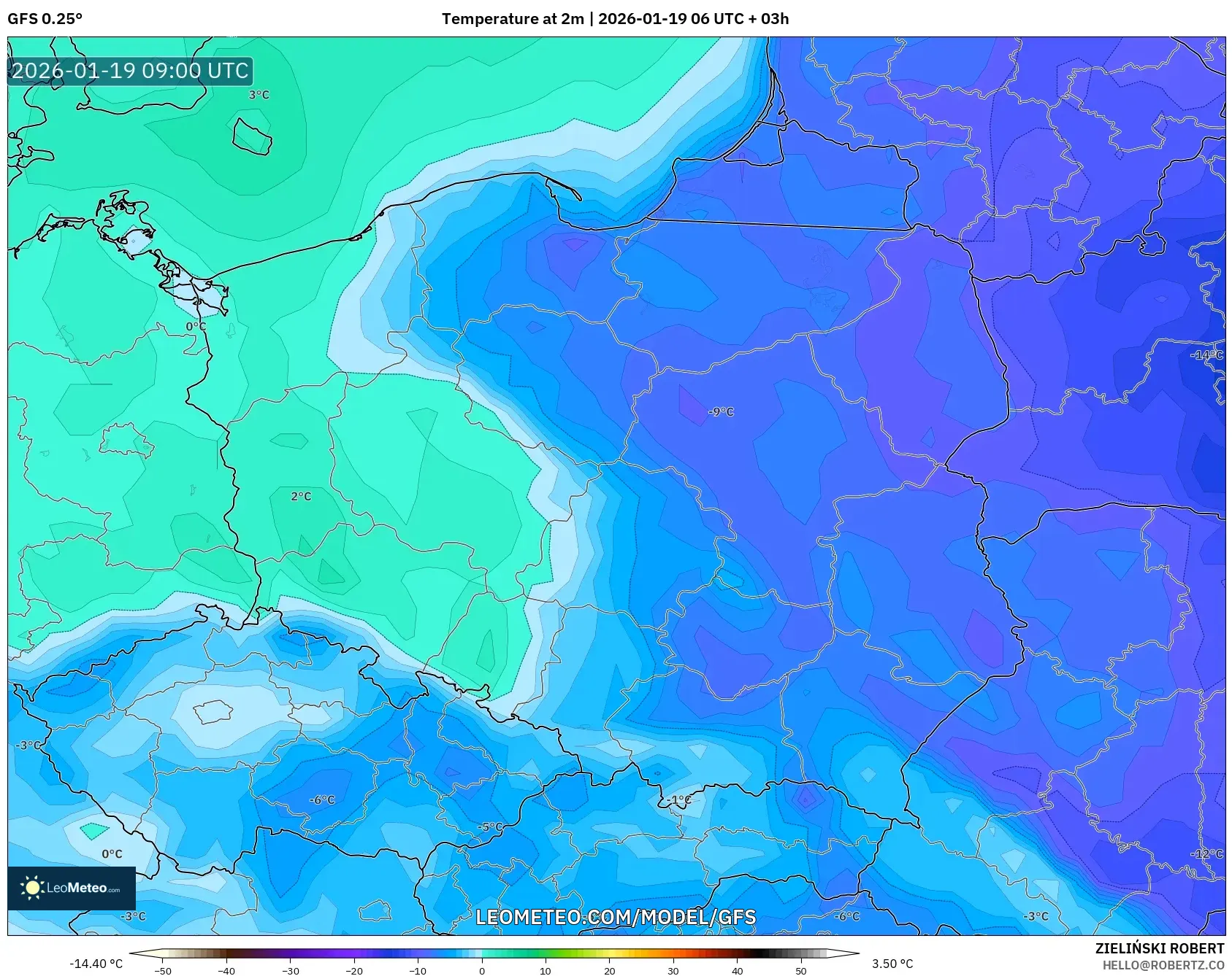 GFS model - Poland, Temperature at 2m