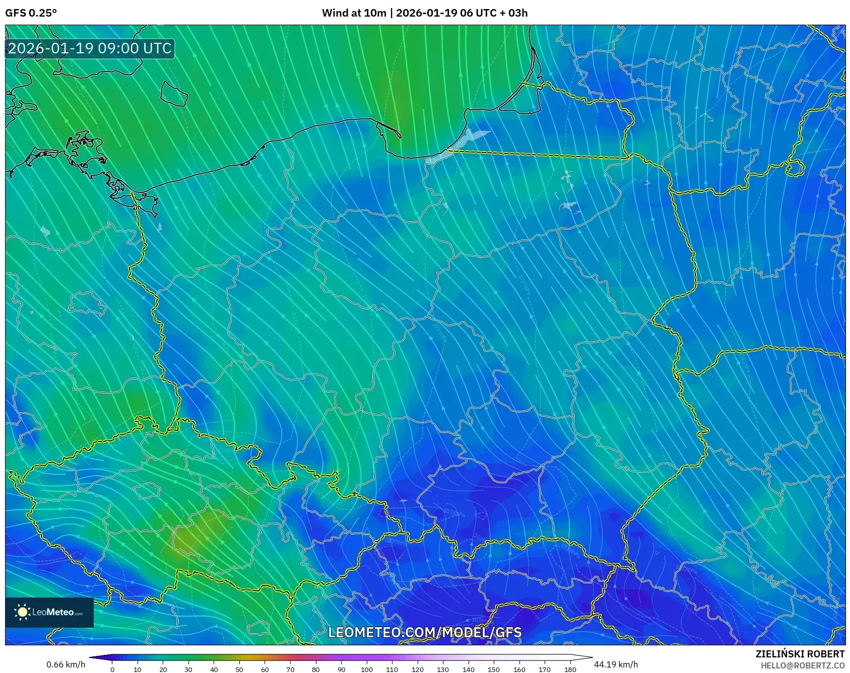 GFS model - Poland, Wind at 10m