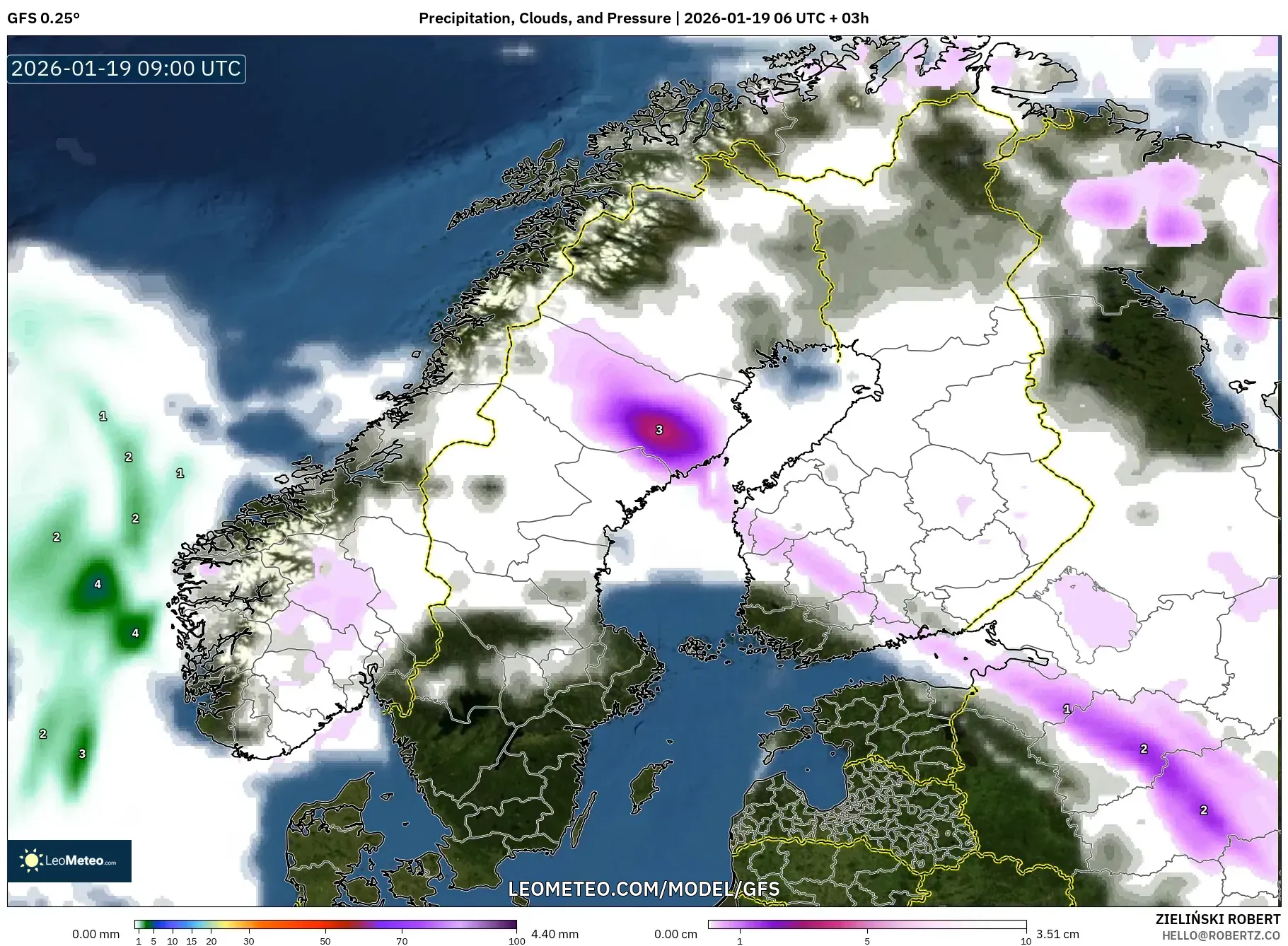 GFS model - Scandinavia, Precipitation, Clouds, and Pressure