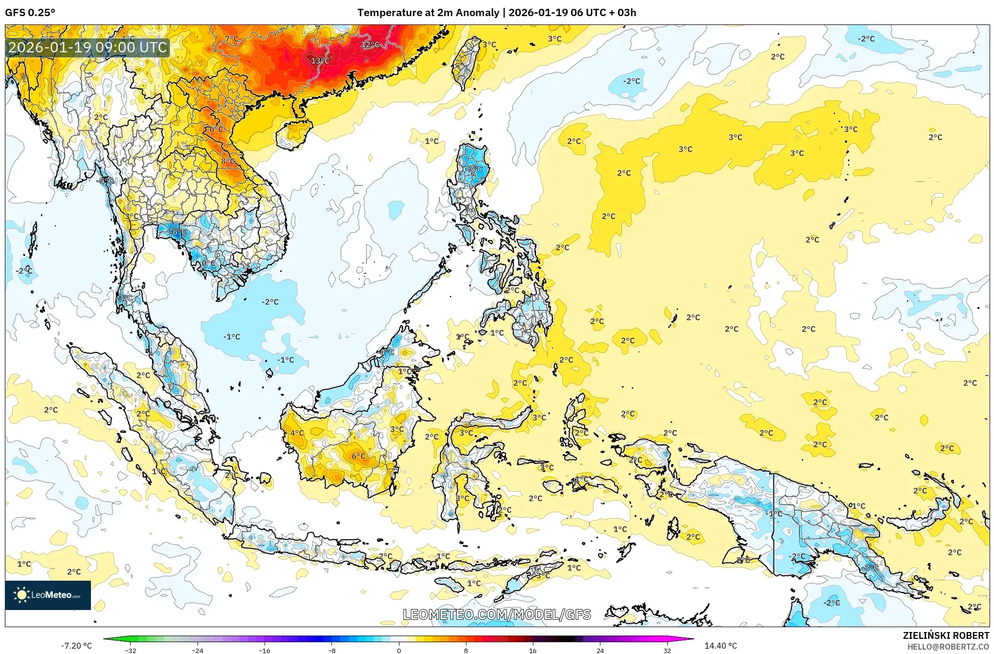 GFS model - South East Asia, Temperature at 2m Anomaly