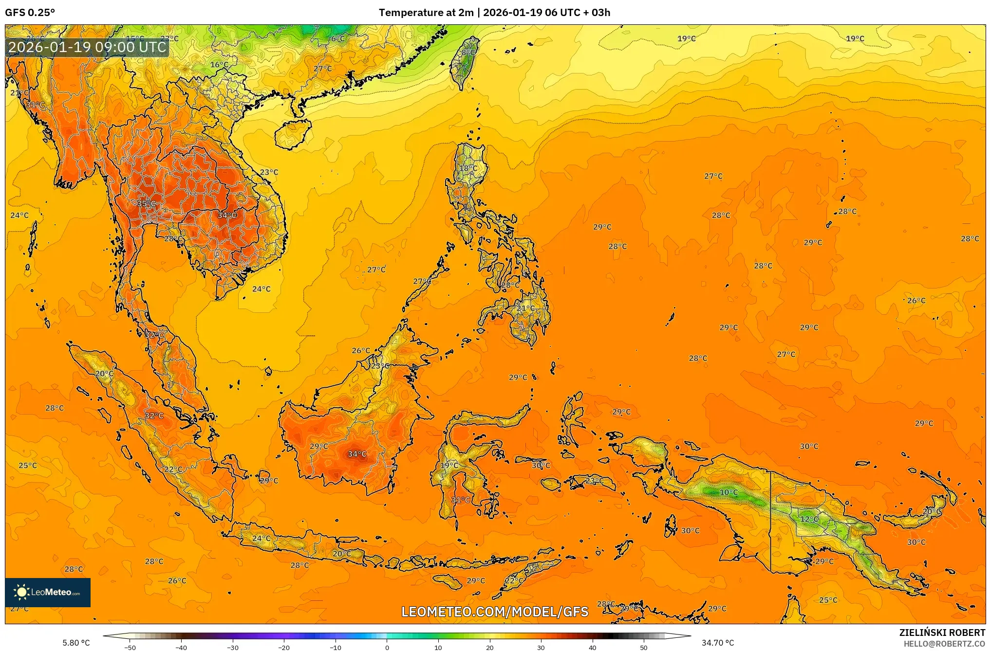 GFS model - South East Asia, Temperature at 2m