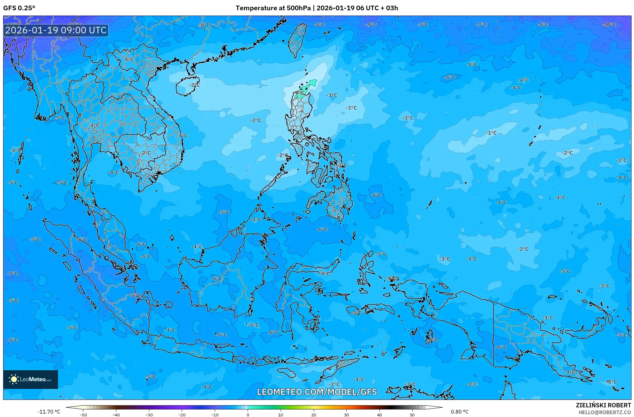 GFS model - South East Asia, Temperature at 500hPa