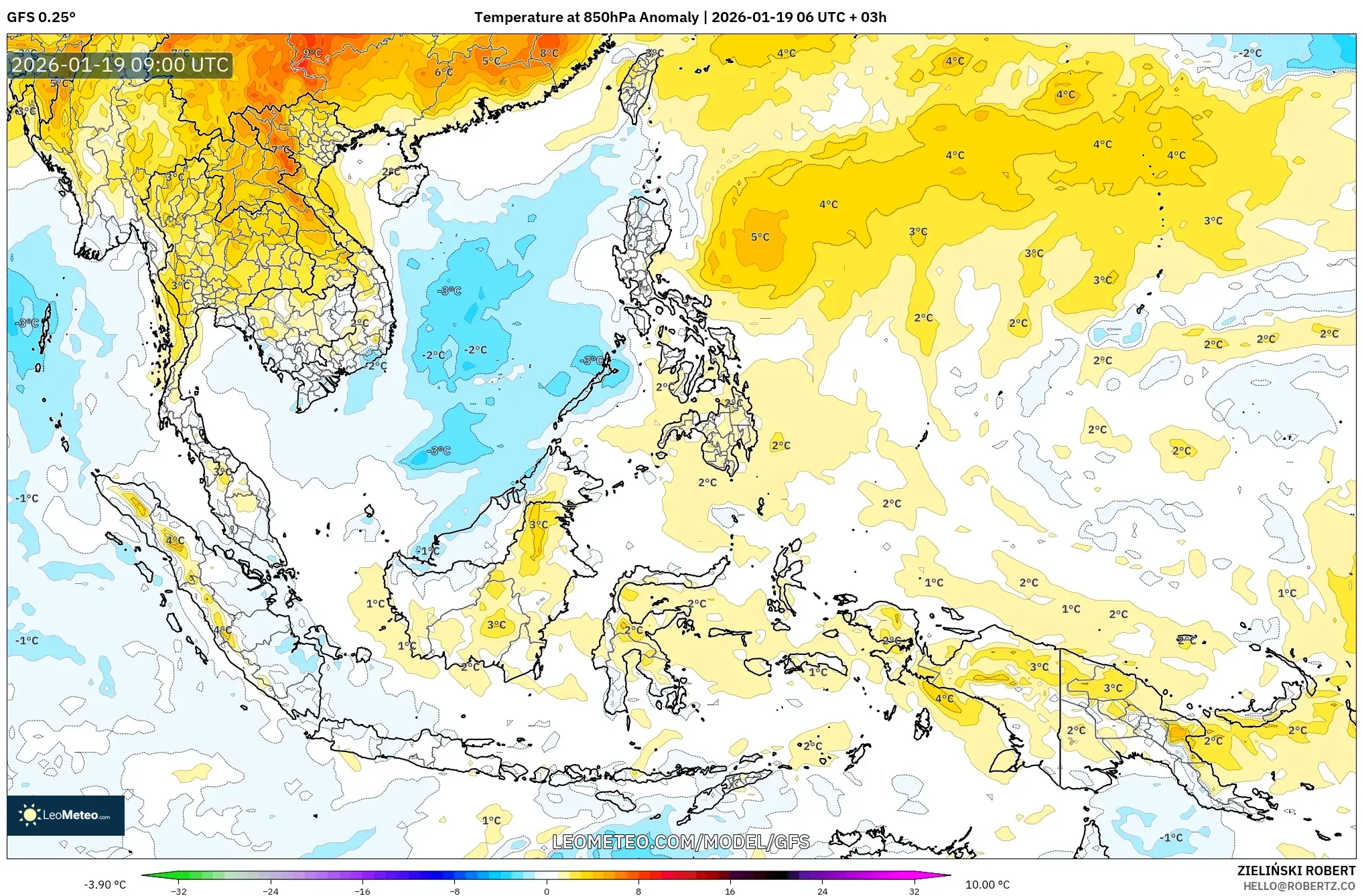 GFS model - South East Asia, Temperature at 850hPa Anomaly