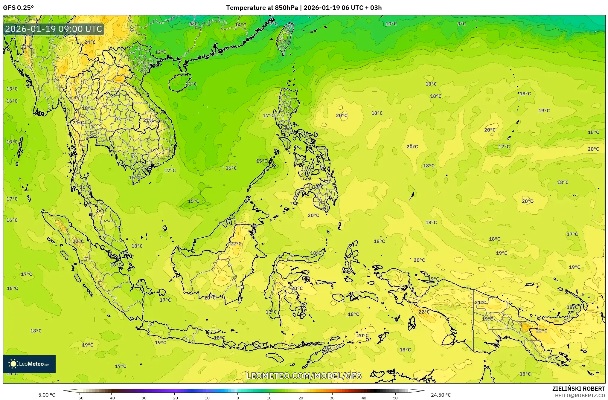 GFS model - South East Asia, Temperature at 850hPa