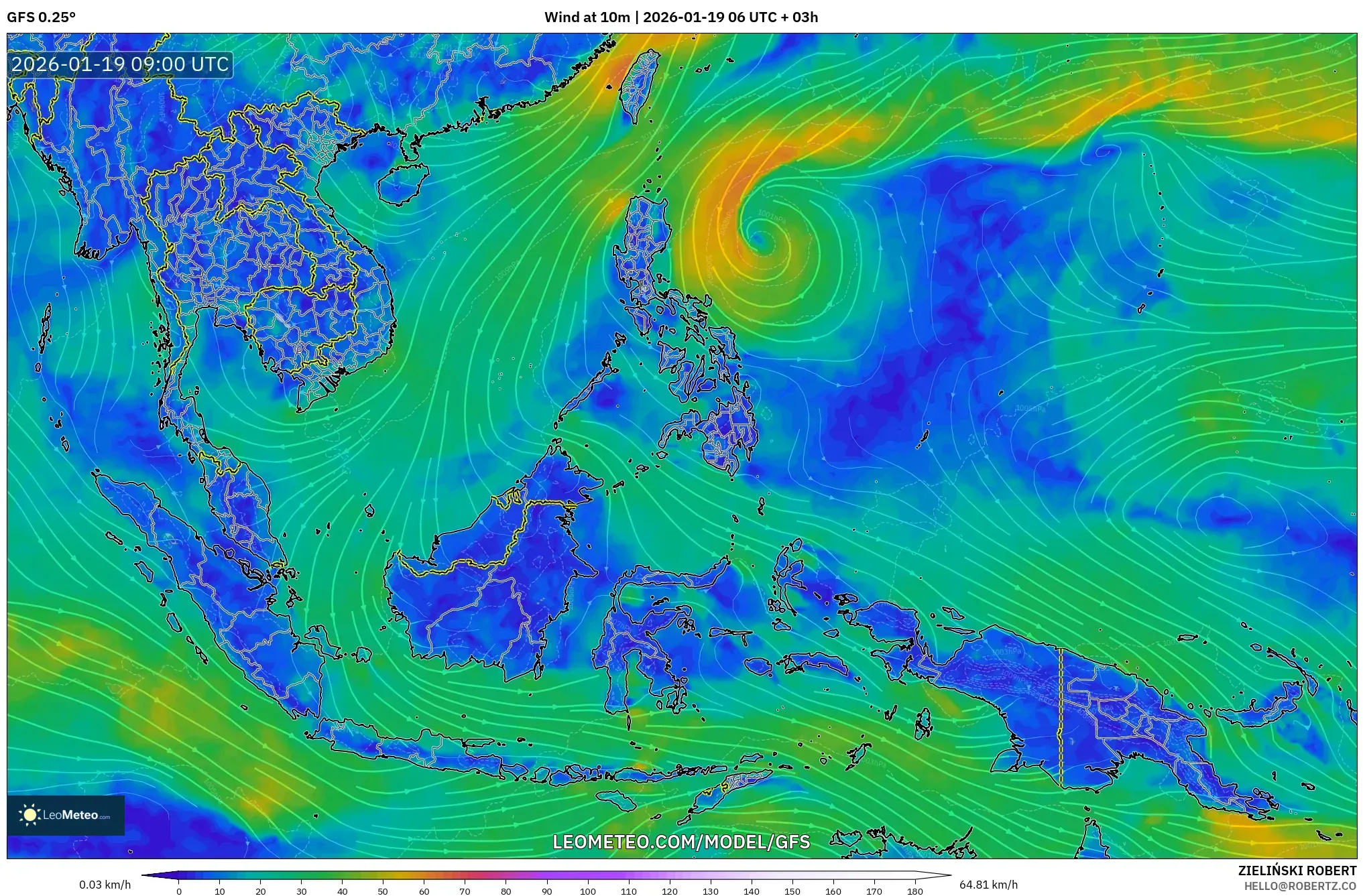 GFS model - South East Asia, Wind at 10m