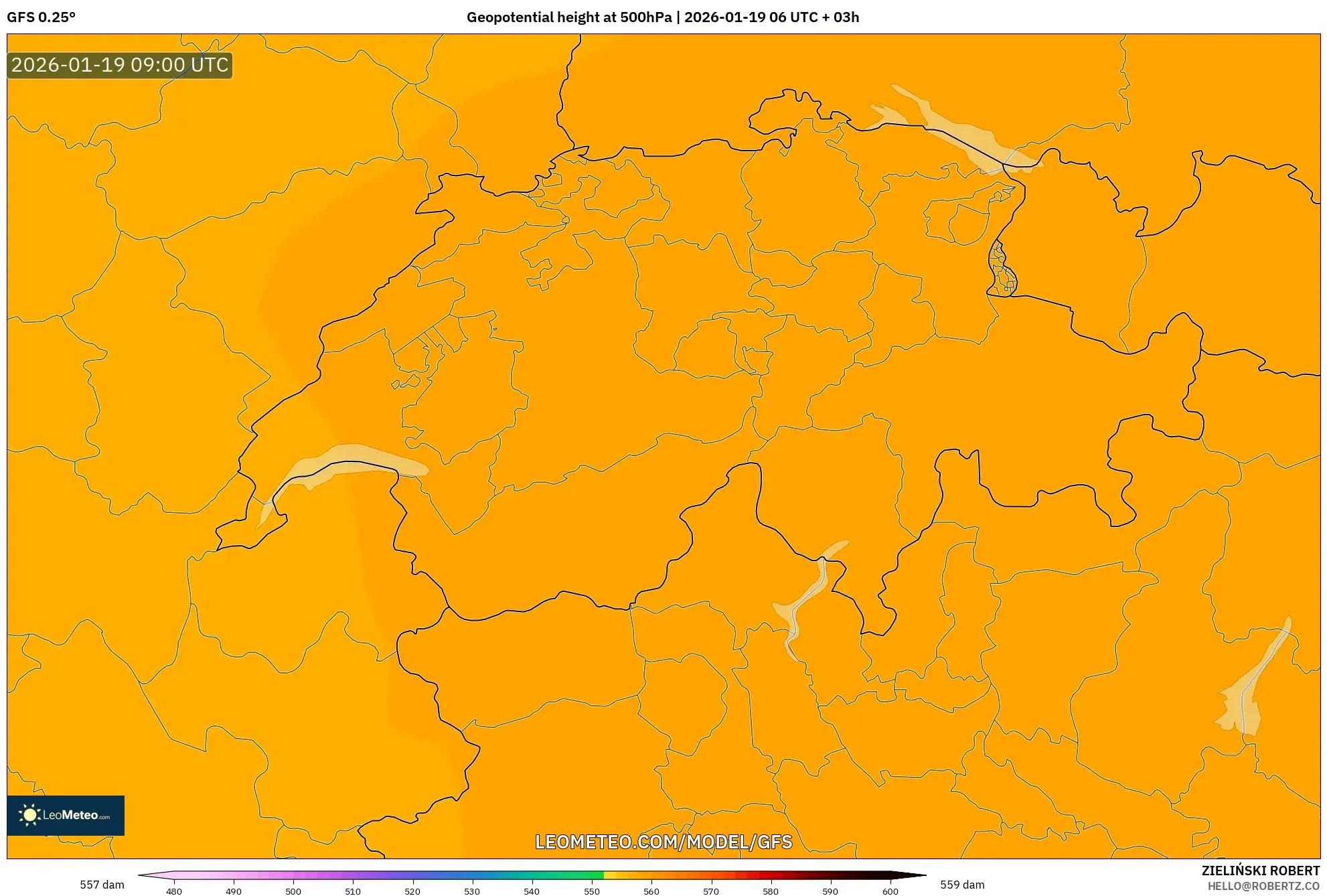 GFS model - Switzerland, Geopotential height at 500hPa