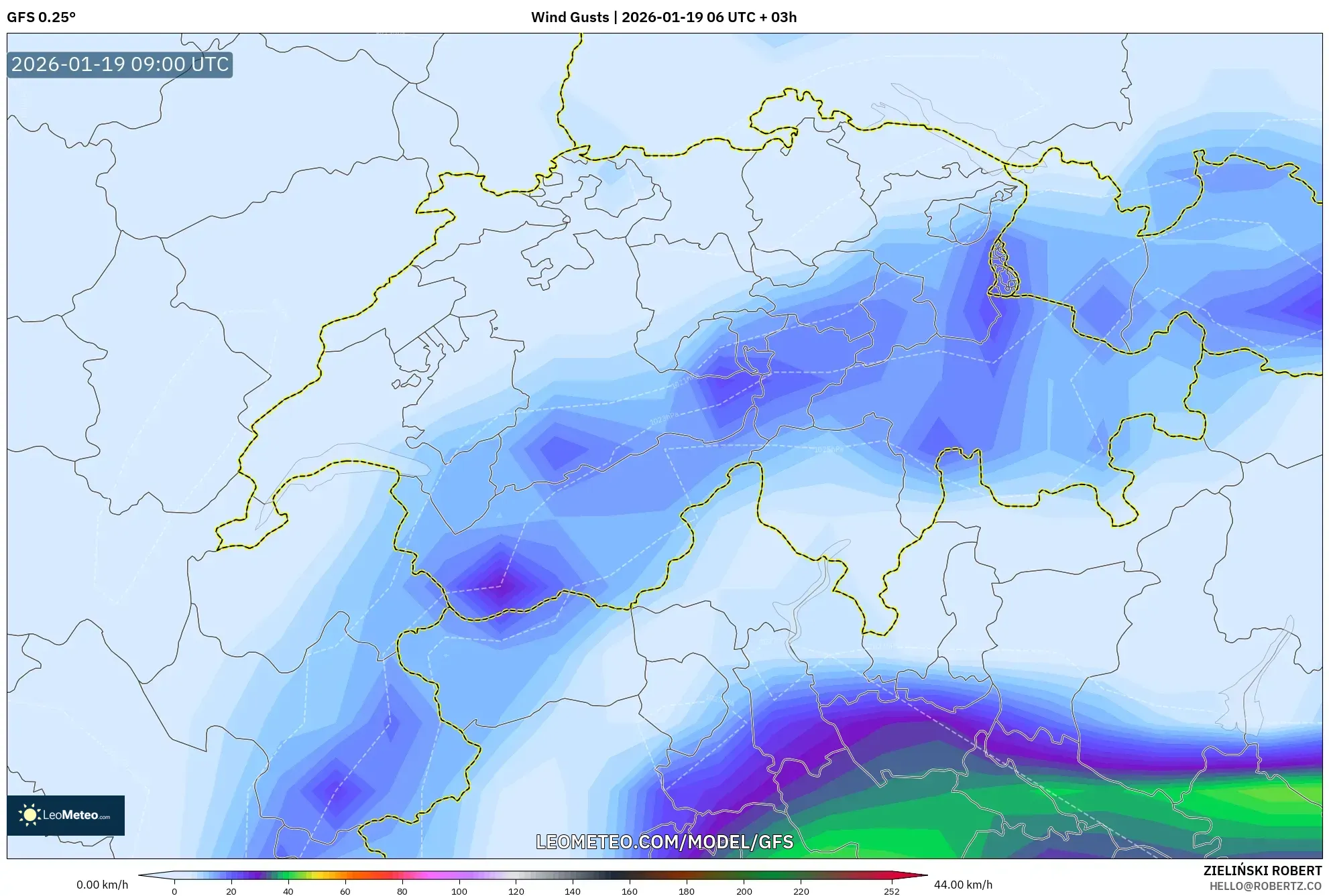 GFS model - Switzerland, Wind Gusts