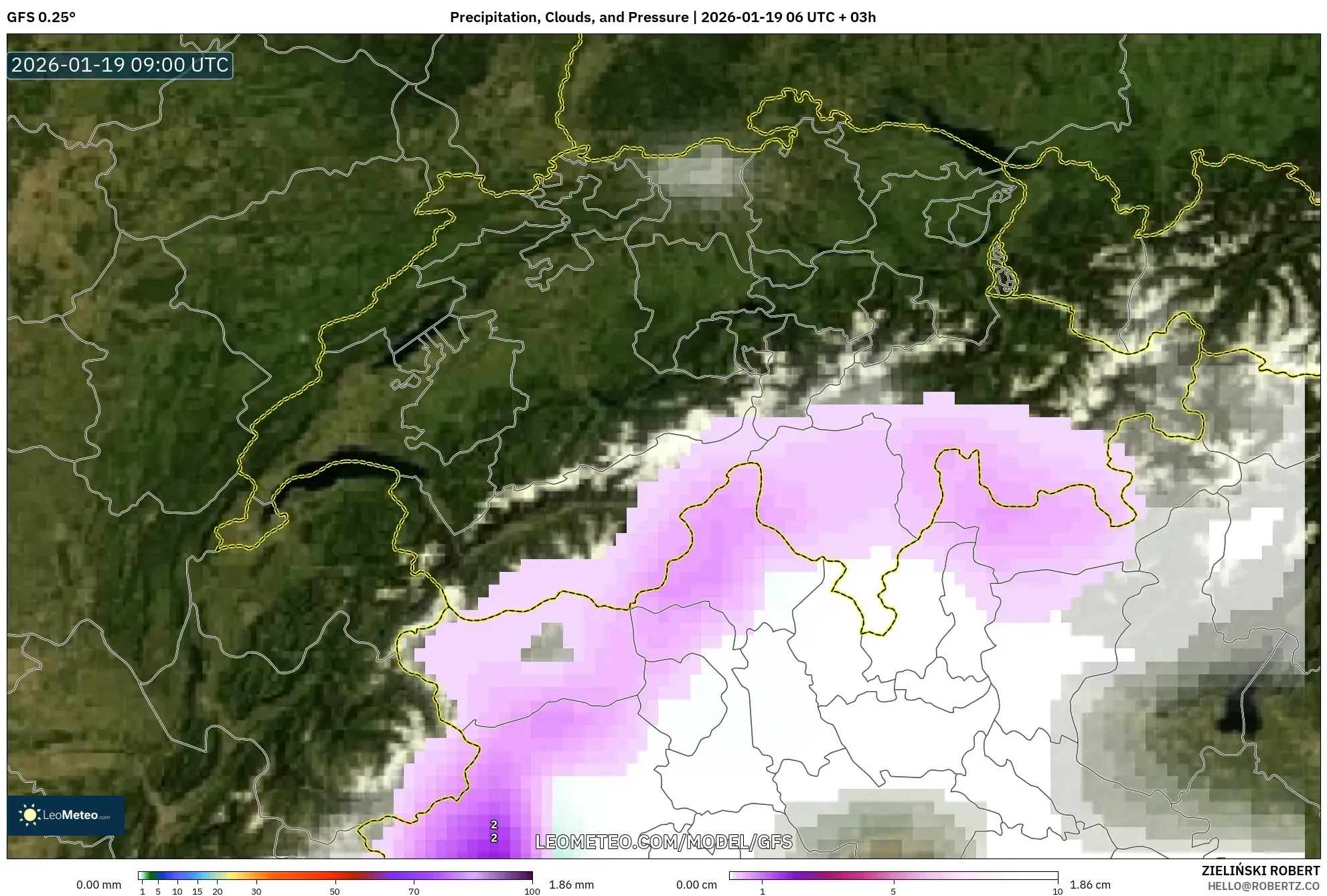GFS model - Switzerland, Precipitation, Clouds, and Pressure