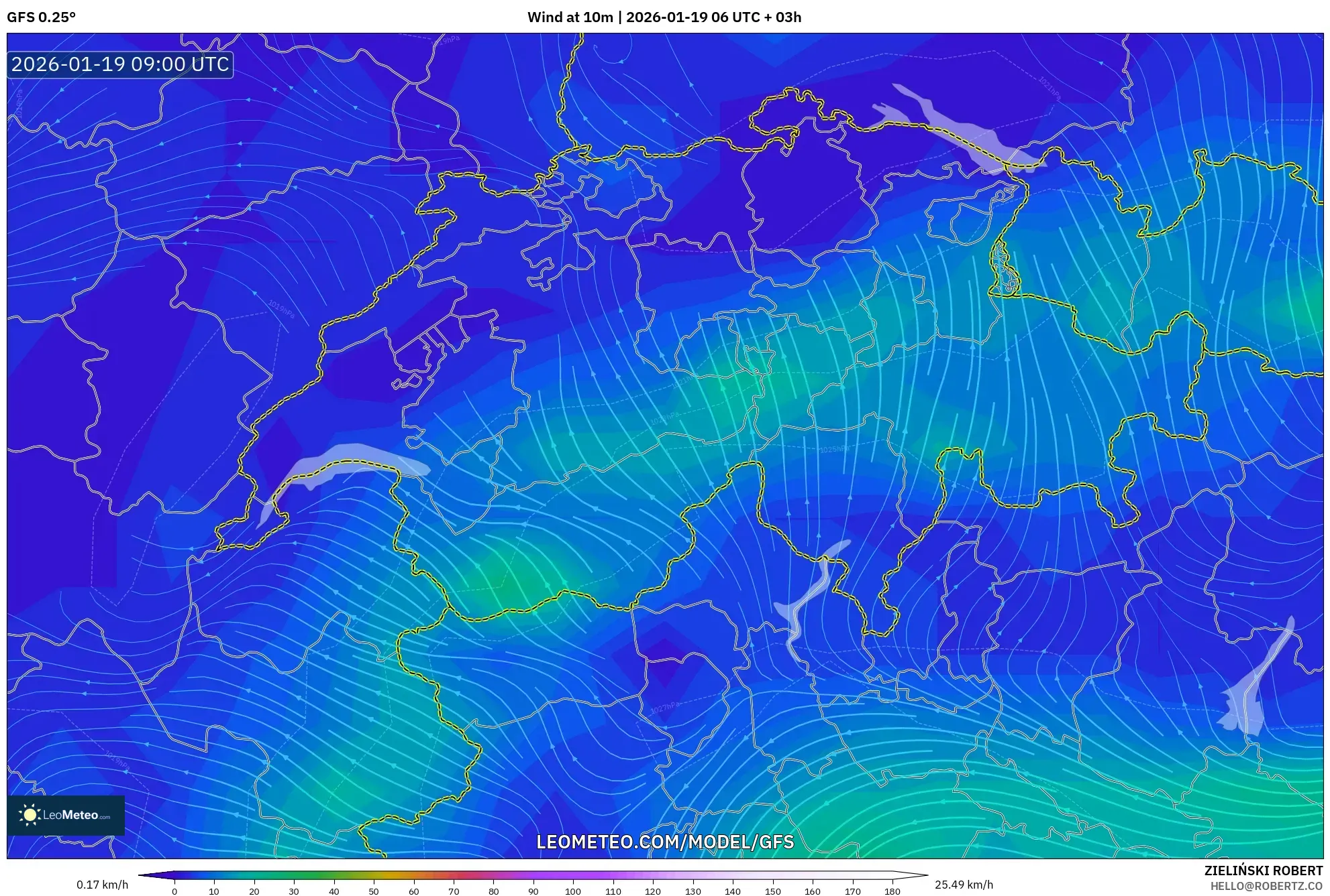 GFS model - Switzerland, Wind at 10m