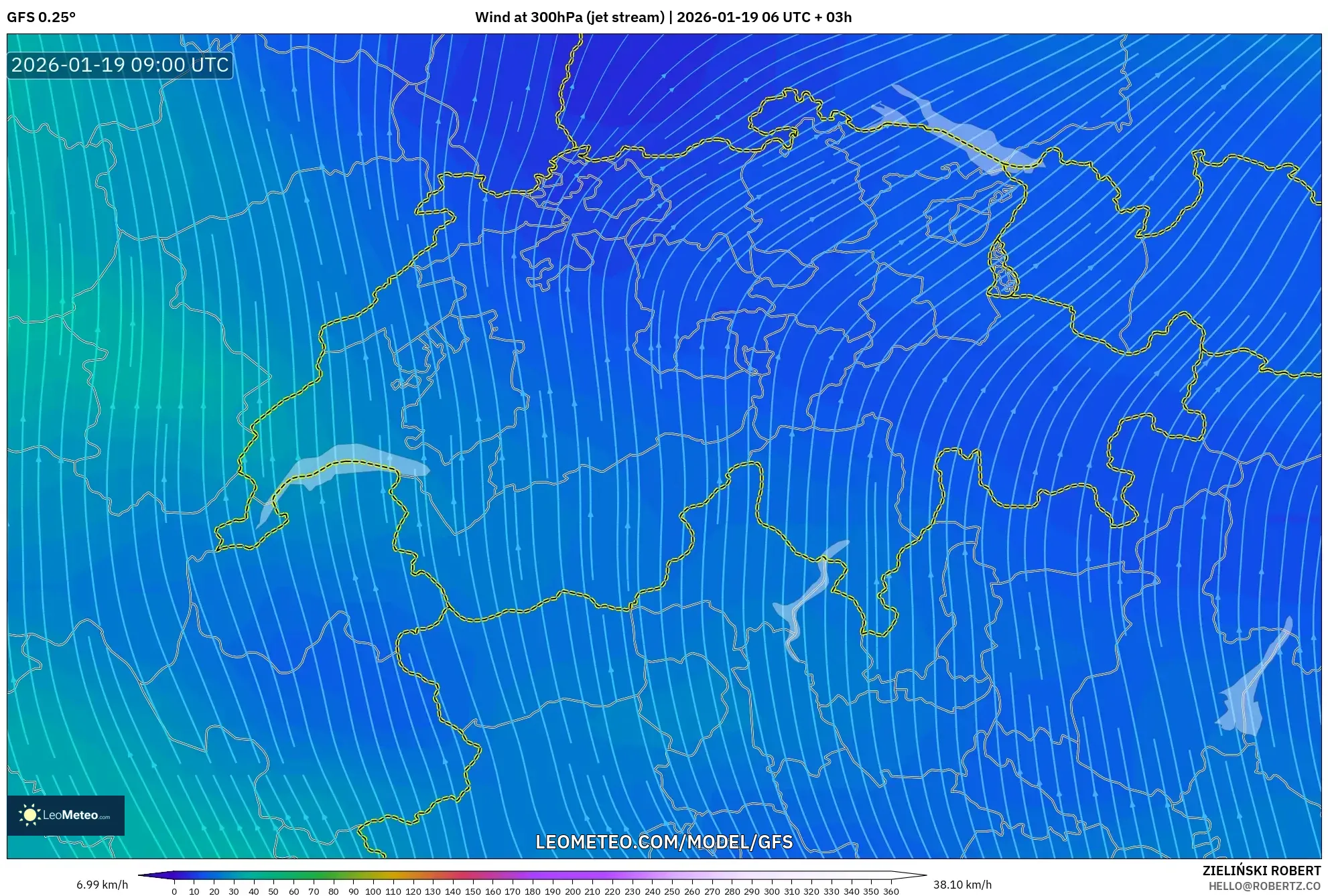 GFS model - Switzerland, Wind at 300hPa (jet stream)