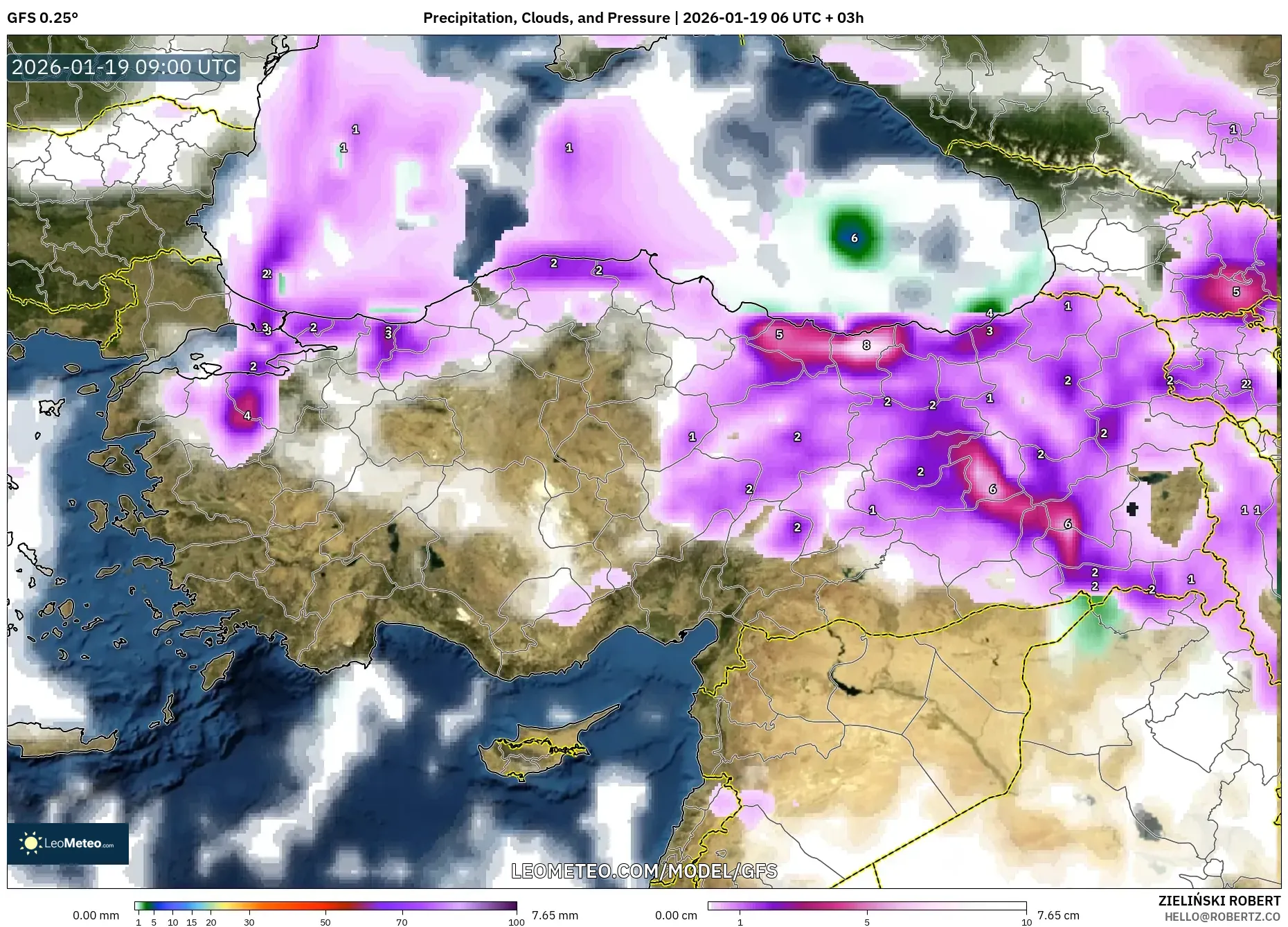 GFS model - Turkey, Precipitation, Clouds, and Pressure