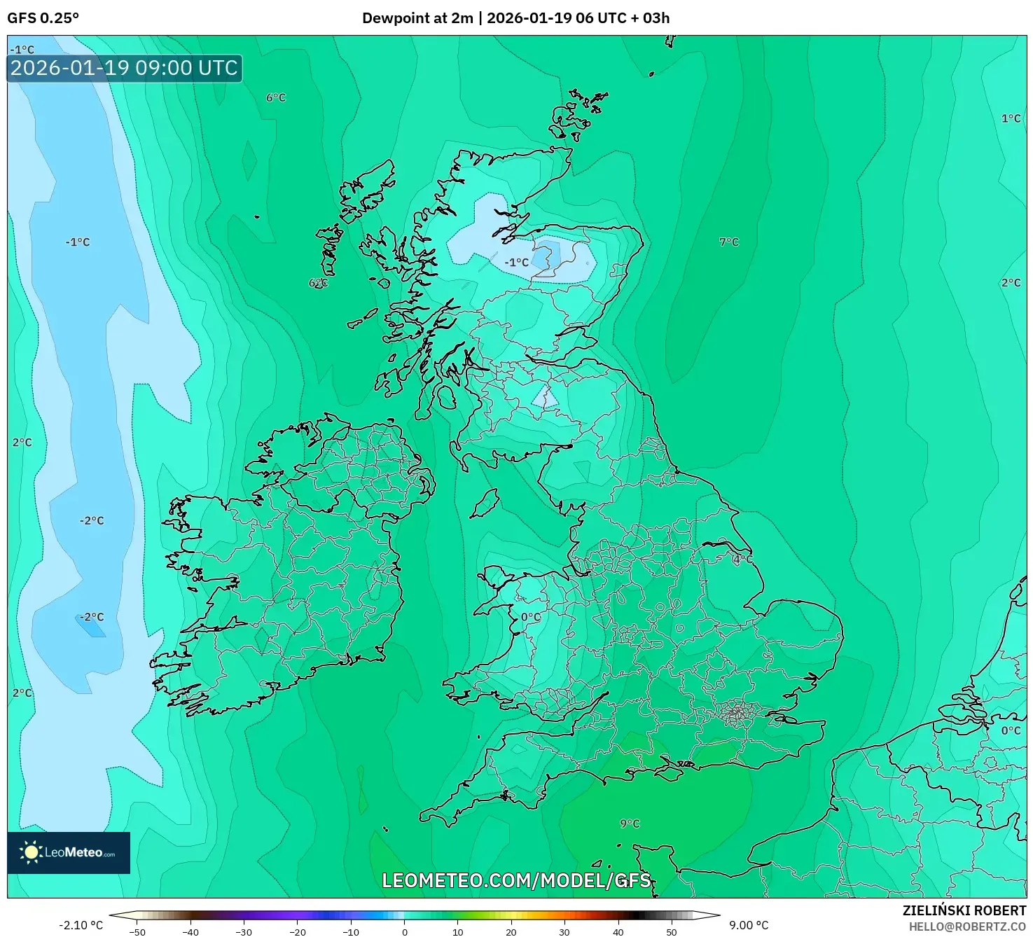 GFS model - United Kingdom, Dewpoint at 2m