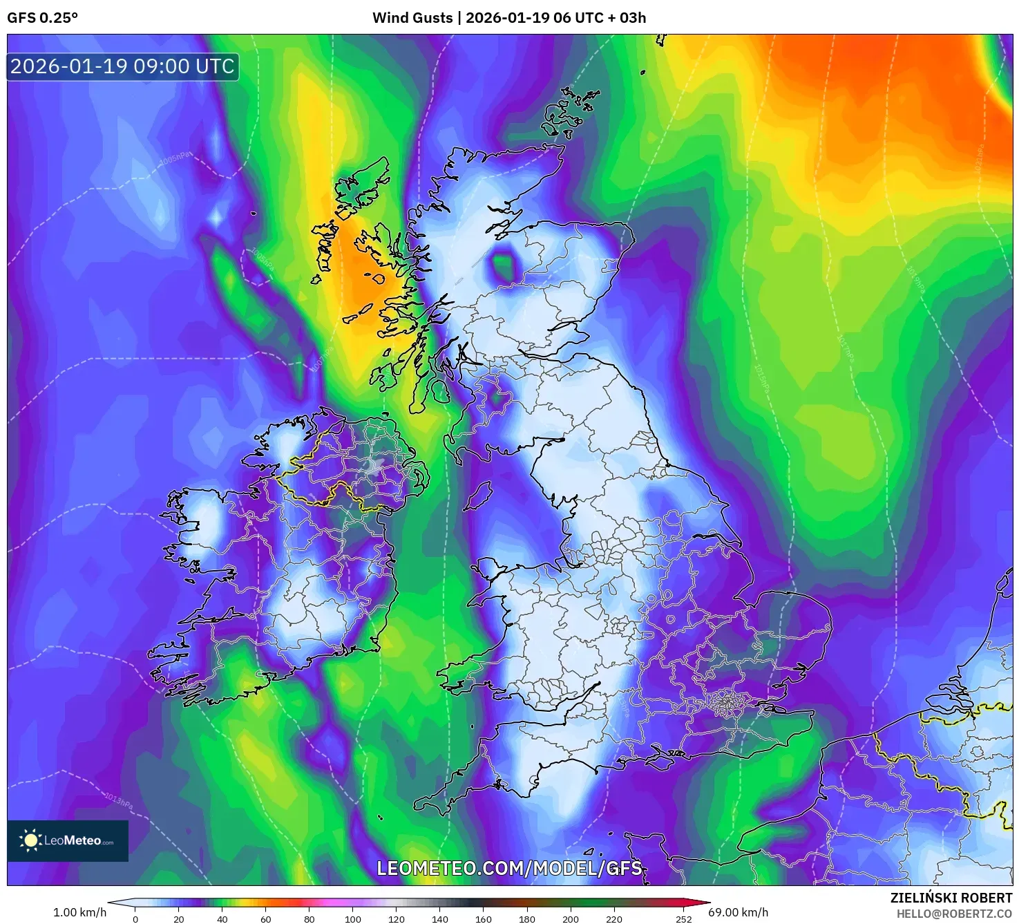 GFS model - United Kingdom, Wind Gusts