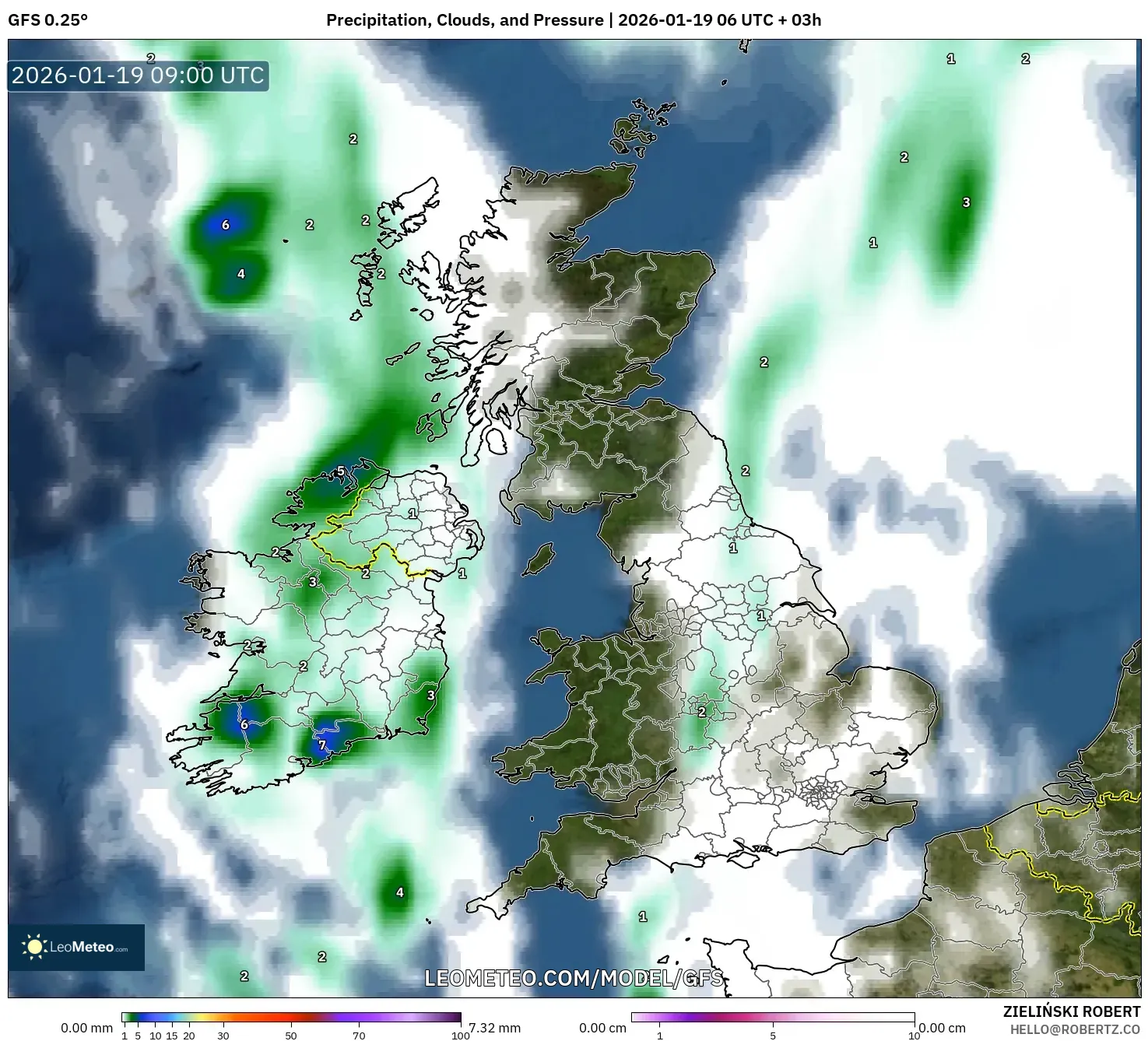 GFS model - United Kingdom, Precipitation, Clouds, and Pressure