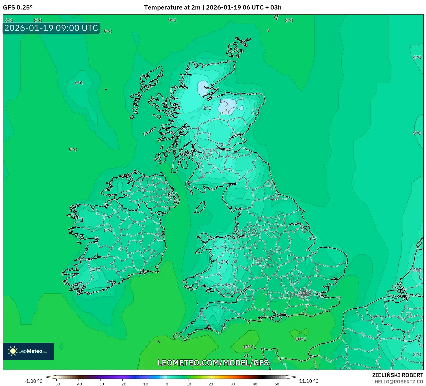 GFS model - United Kingdom, Temperature at 2m
