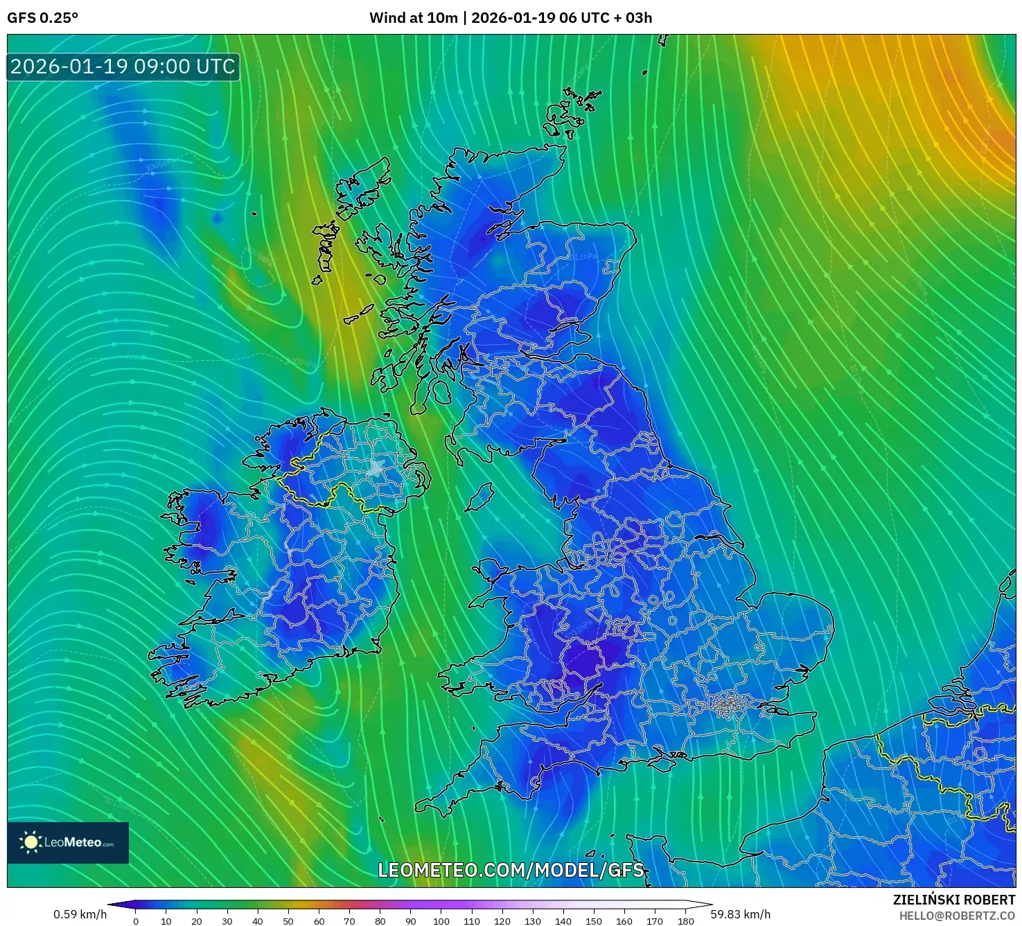 GFS model - United Kingdom, Wind at 10m