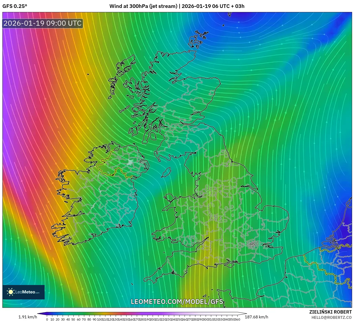 GFS model - United Kingdom, Wind at 300hPa (jet stream)