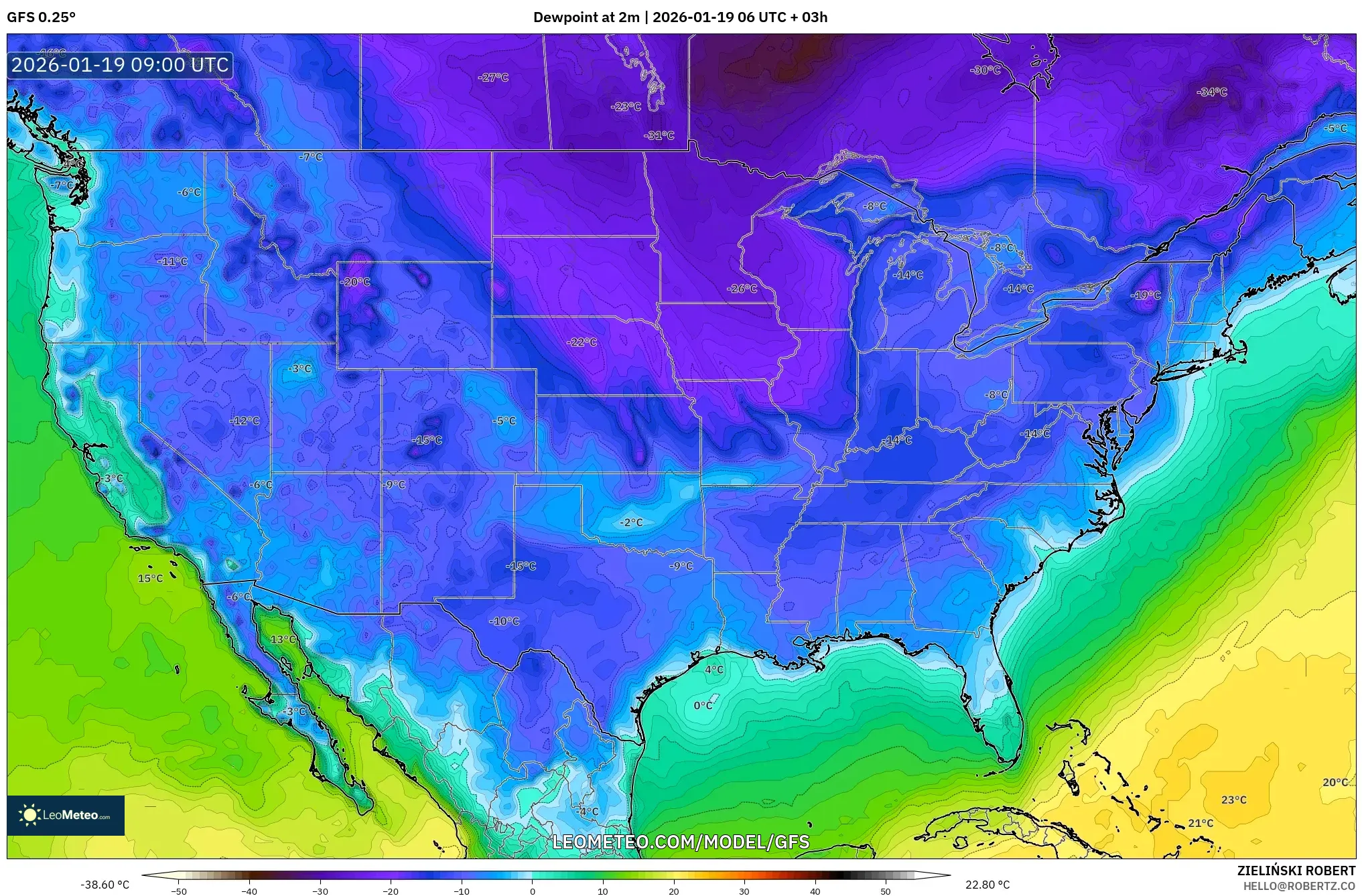 GFS model - United States, Dewpoint at 2m