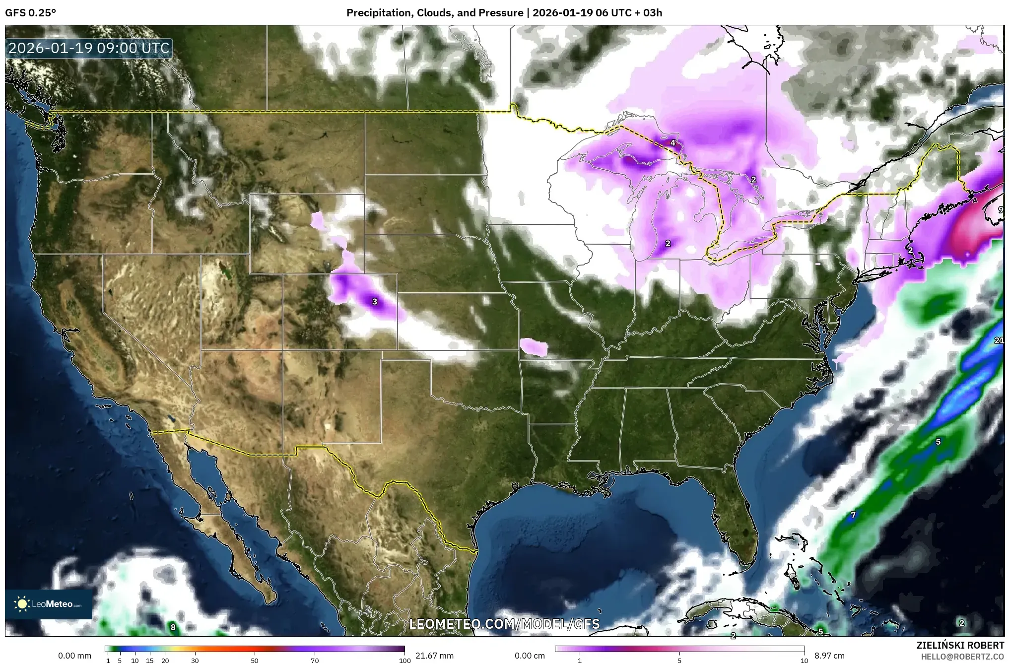 GFS model - United States, Precipitation, Clouds, and Pressure
