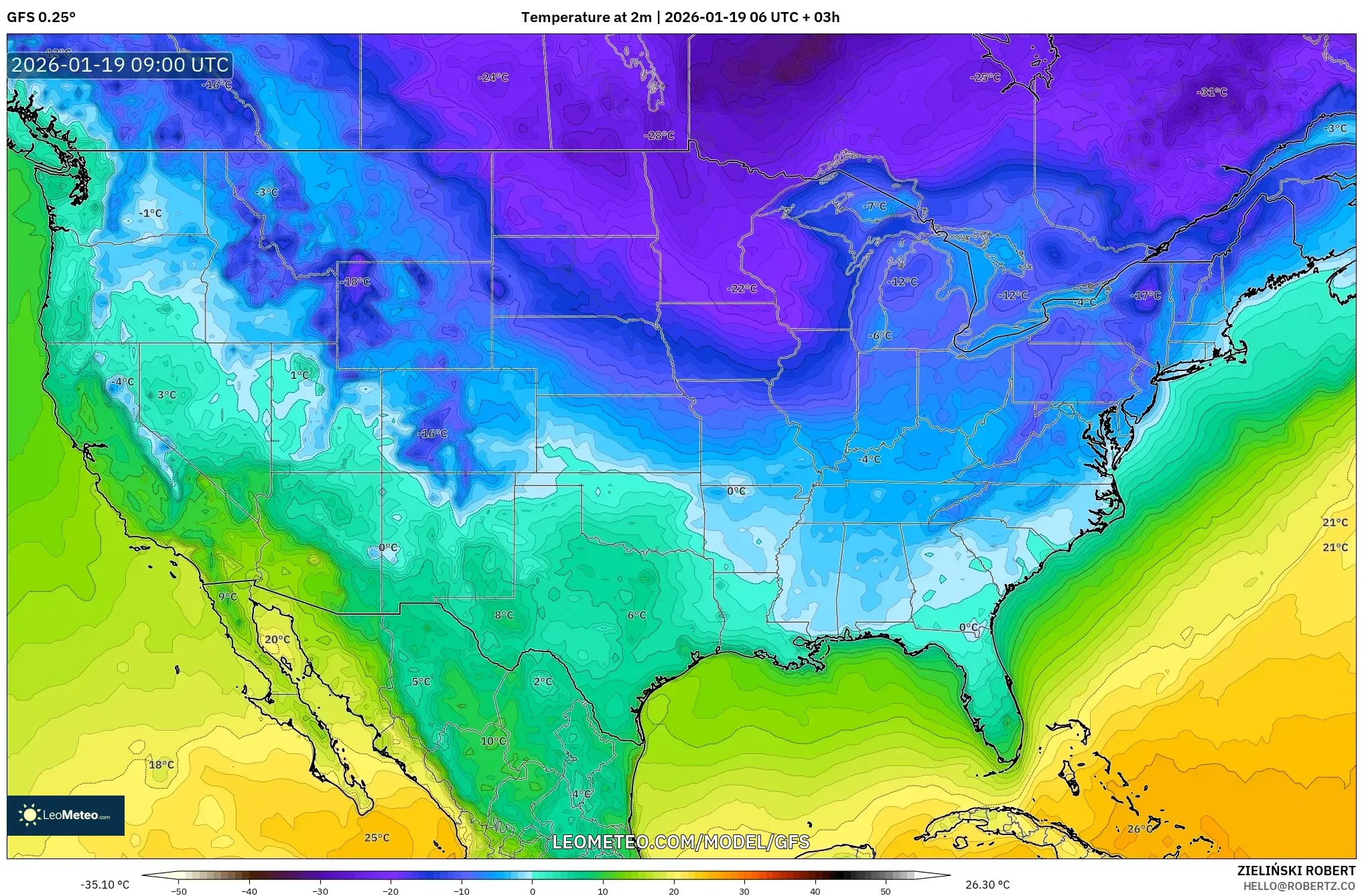GFS model - United States, Temperature at 2m