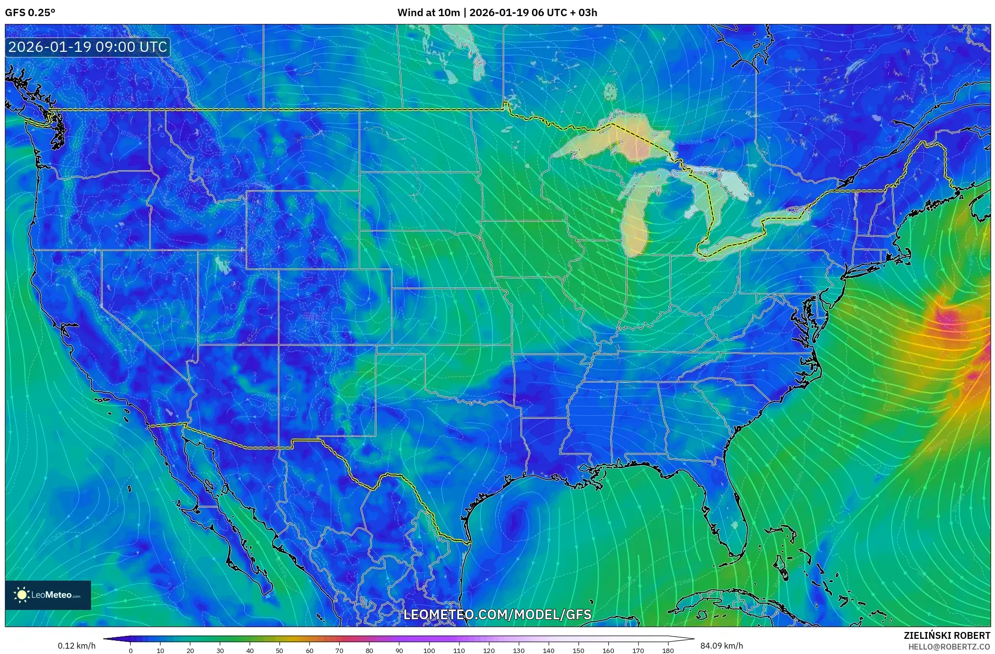 GFS model - United States, Wind at 10m