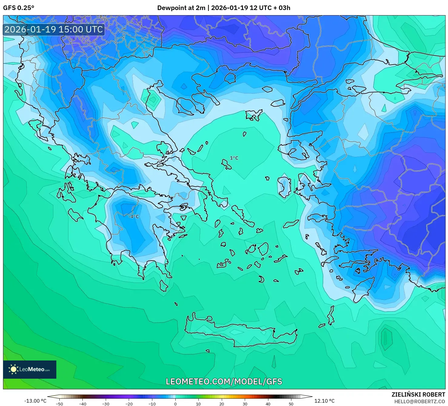 GFS model - Greece, Dewpoint at 2m