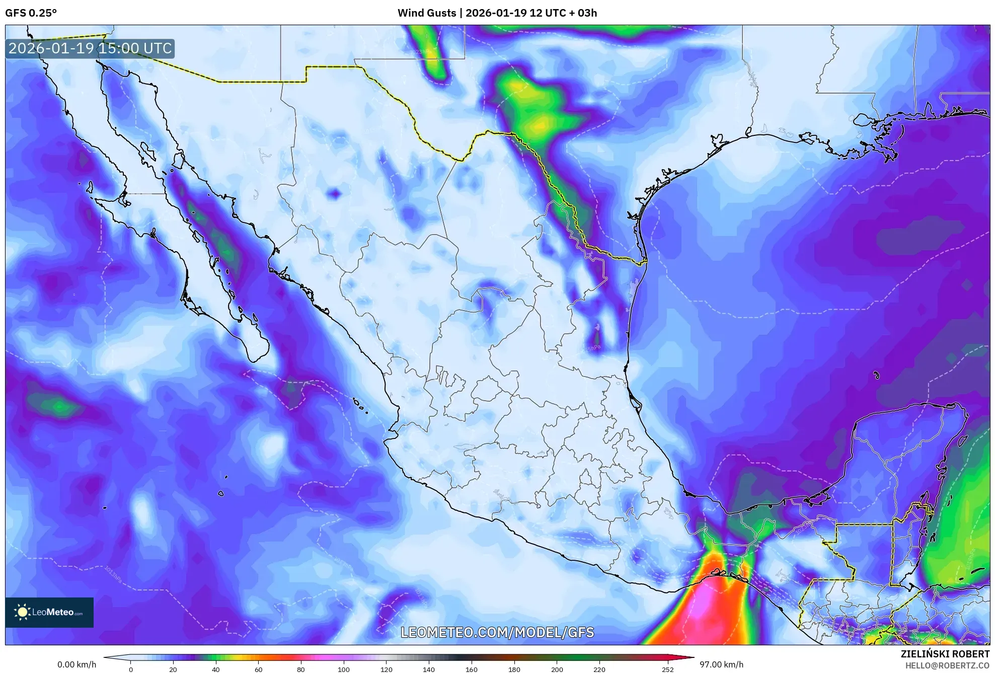 GFS model - Mexico, Wind Gusts