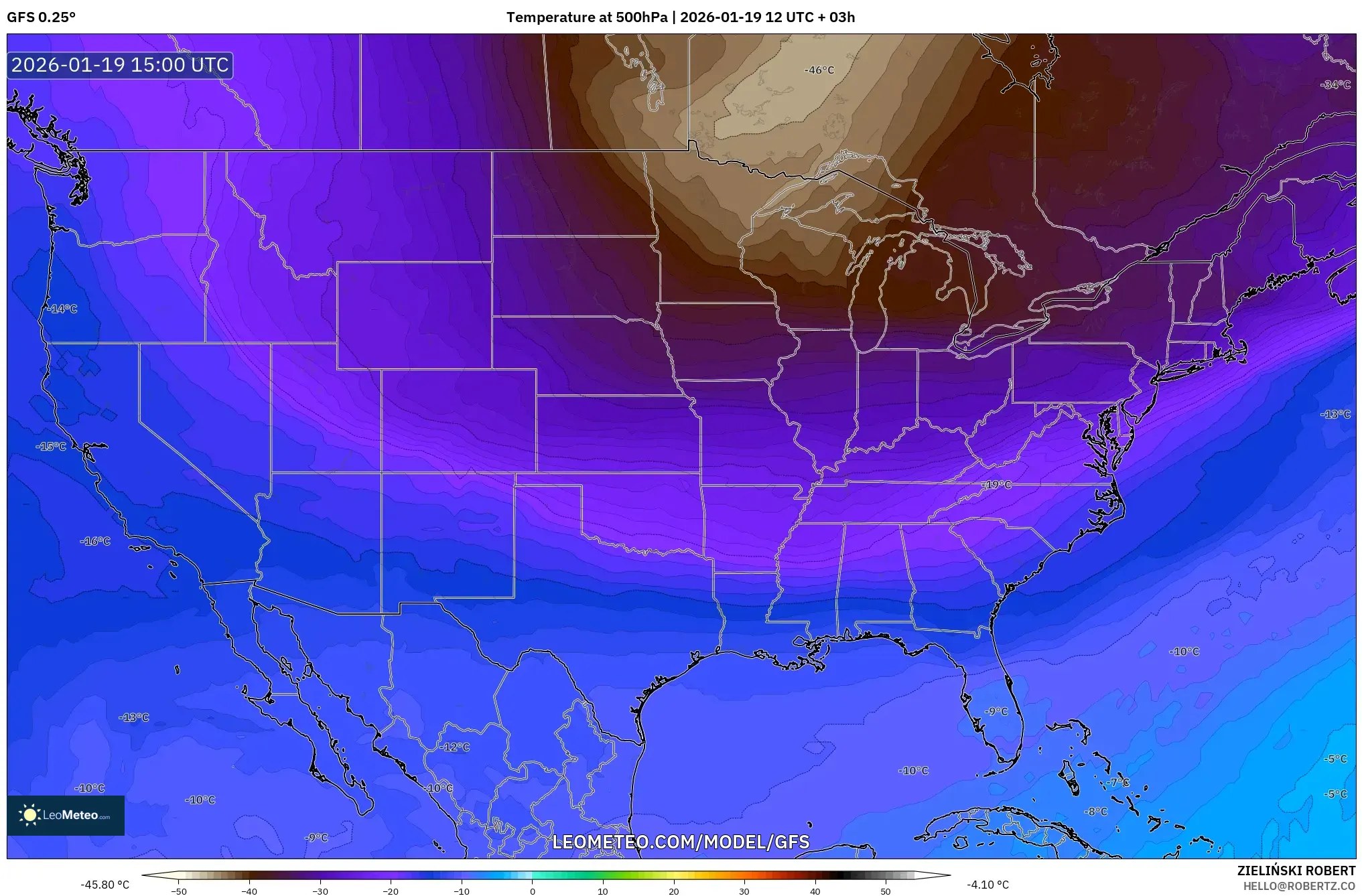 GFS model - United States, Temperature at 500hPa