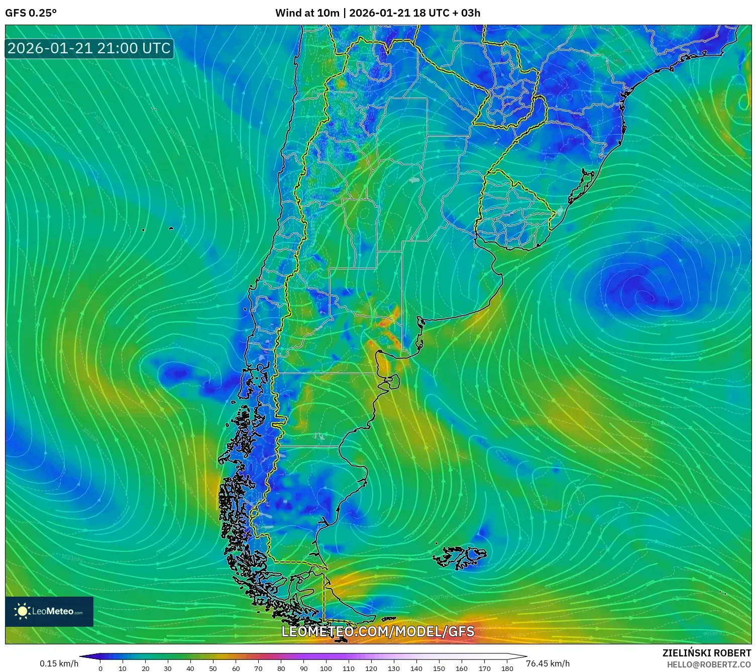 GFS model - Argentina, Wind at 10m
