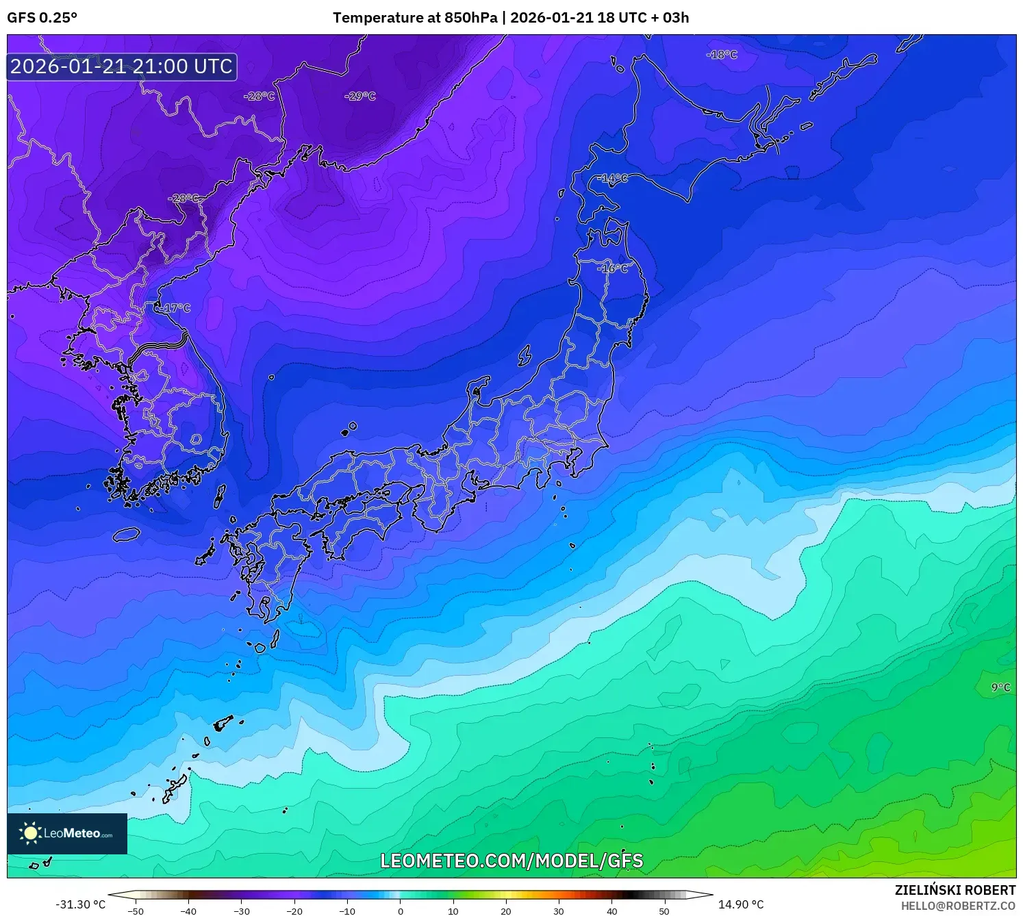 GFS model - Japan, Temperature at 850hPa