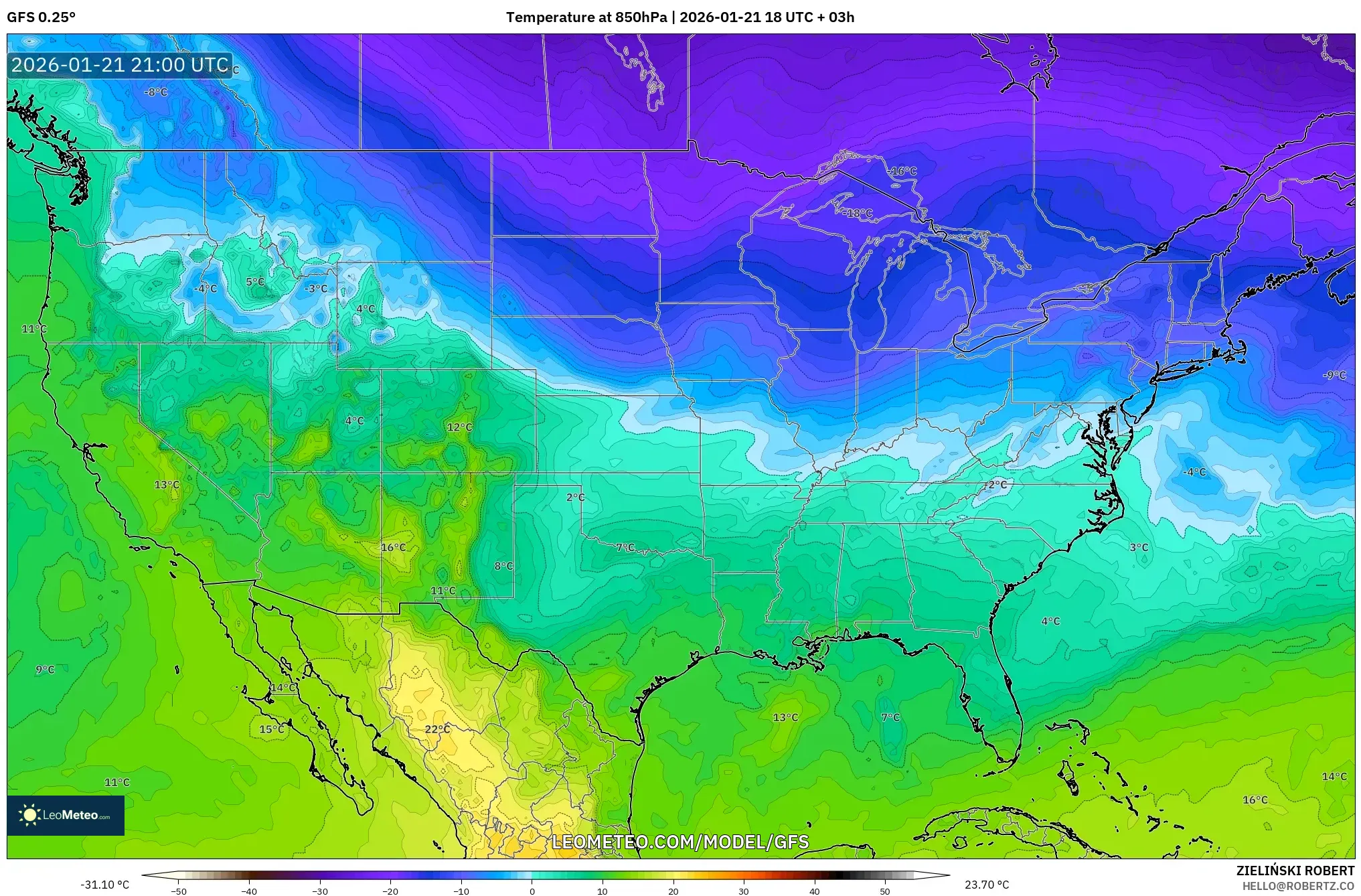 GFS model - United States, Temperature at 850hPa