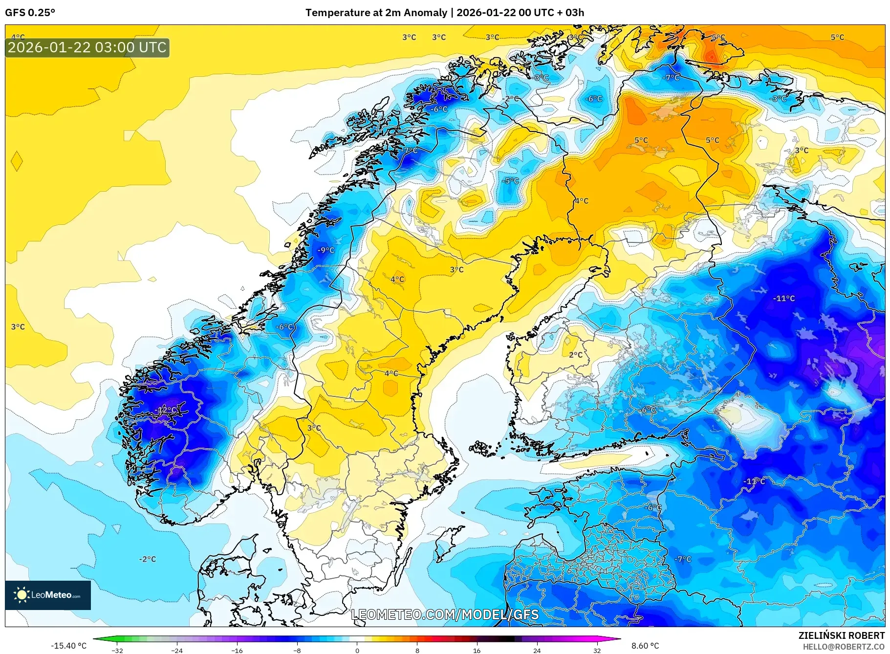 GFS model - Scandinavia, Temperature at 2m Anomaly