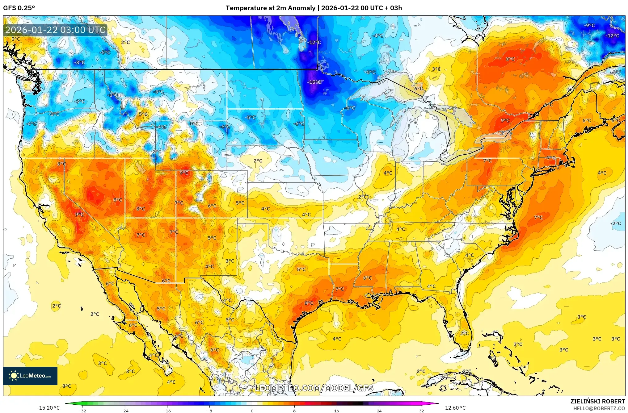 GFS model - United States, Temperature at 2m Anomaly