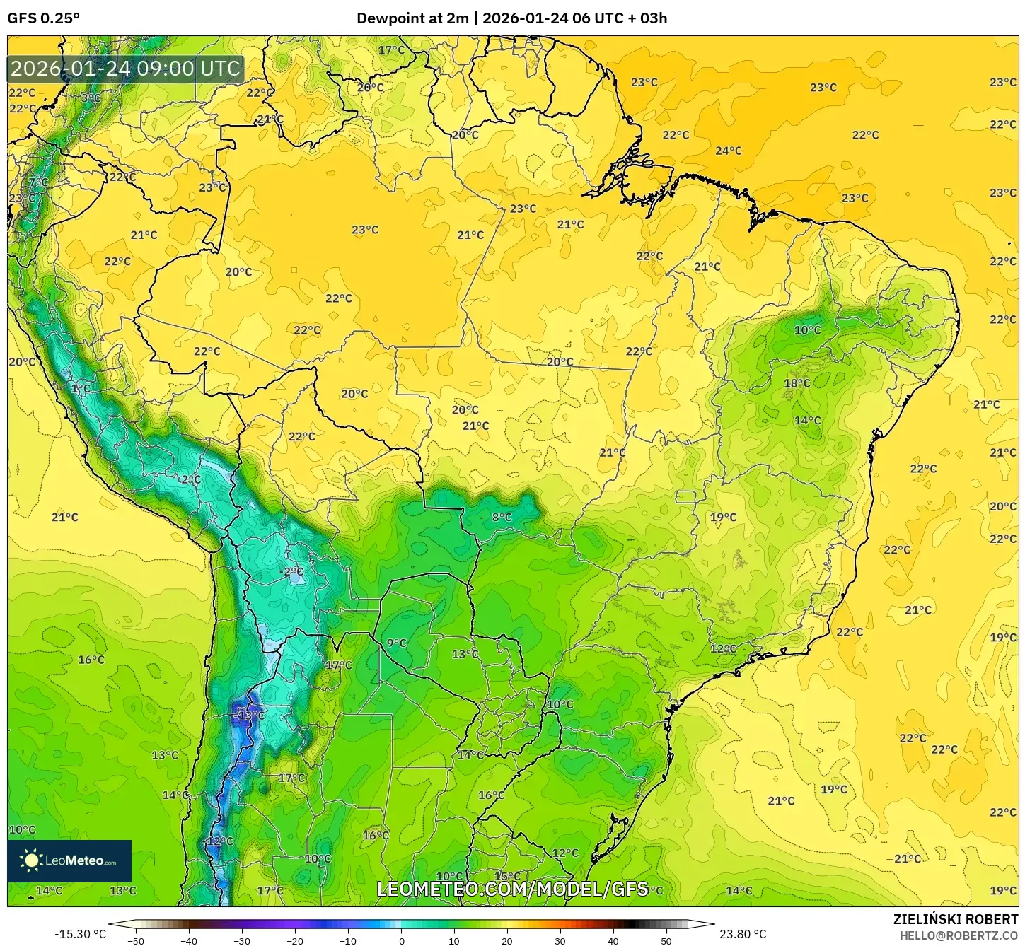 GFS model - Brazil, Dewpoint at 2m