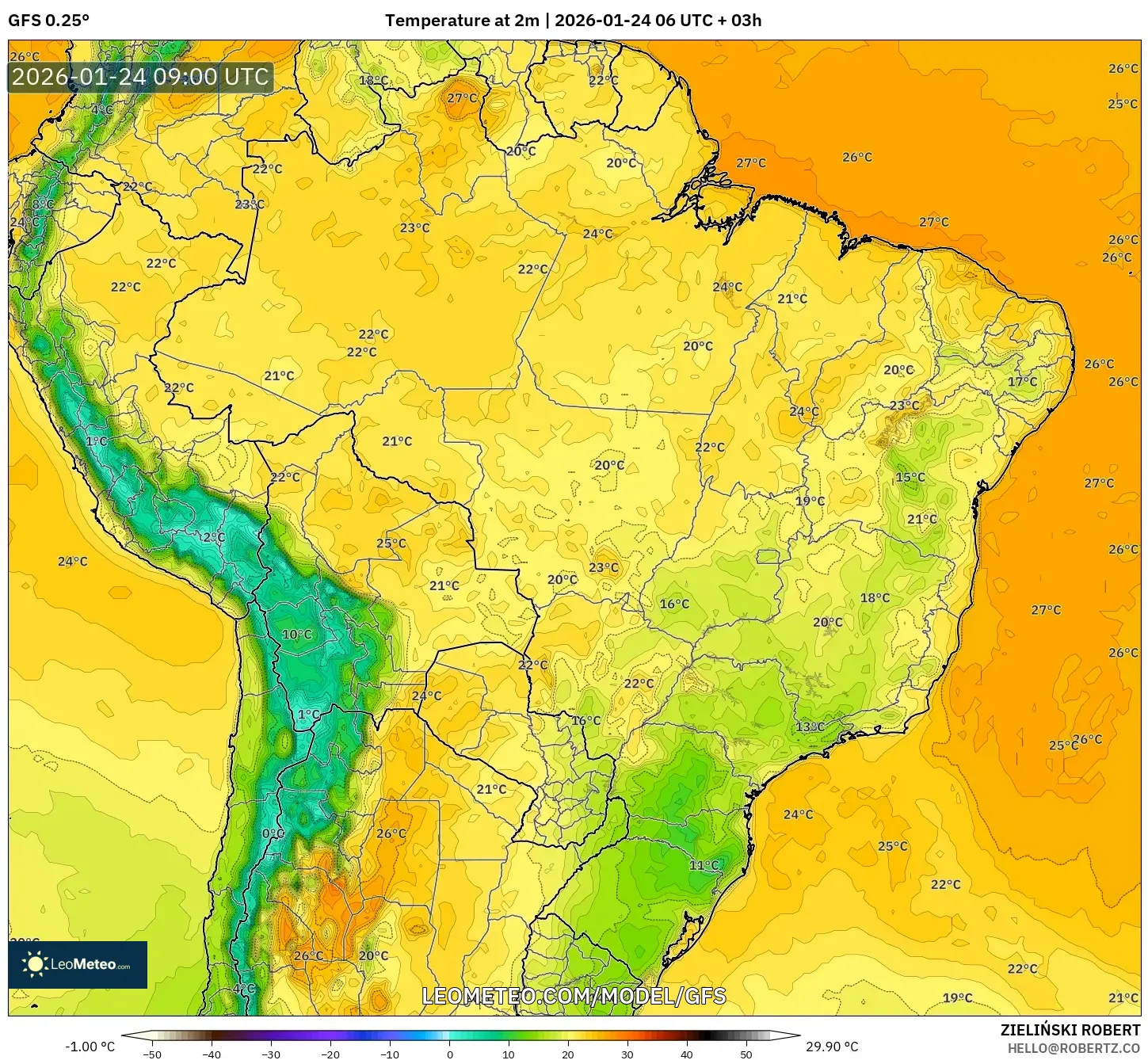 GFS model - Brazil, Temperature at 2m