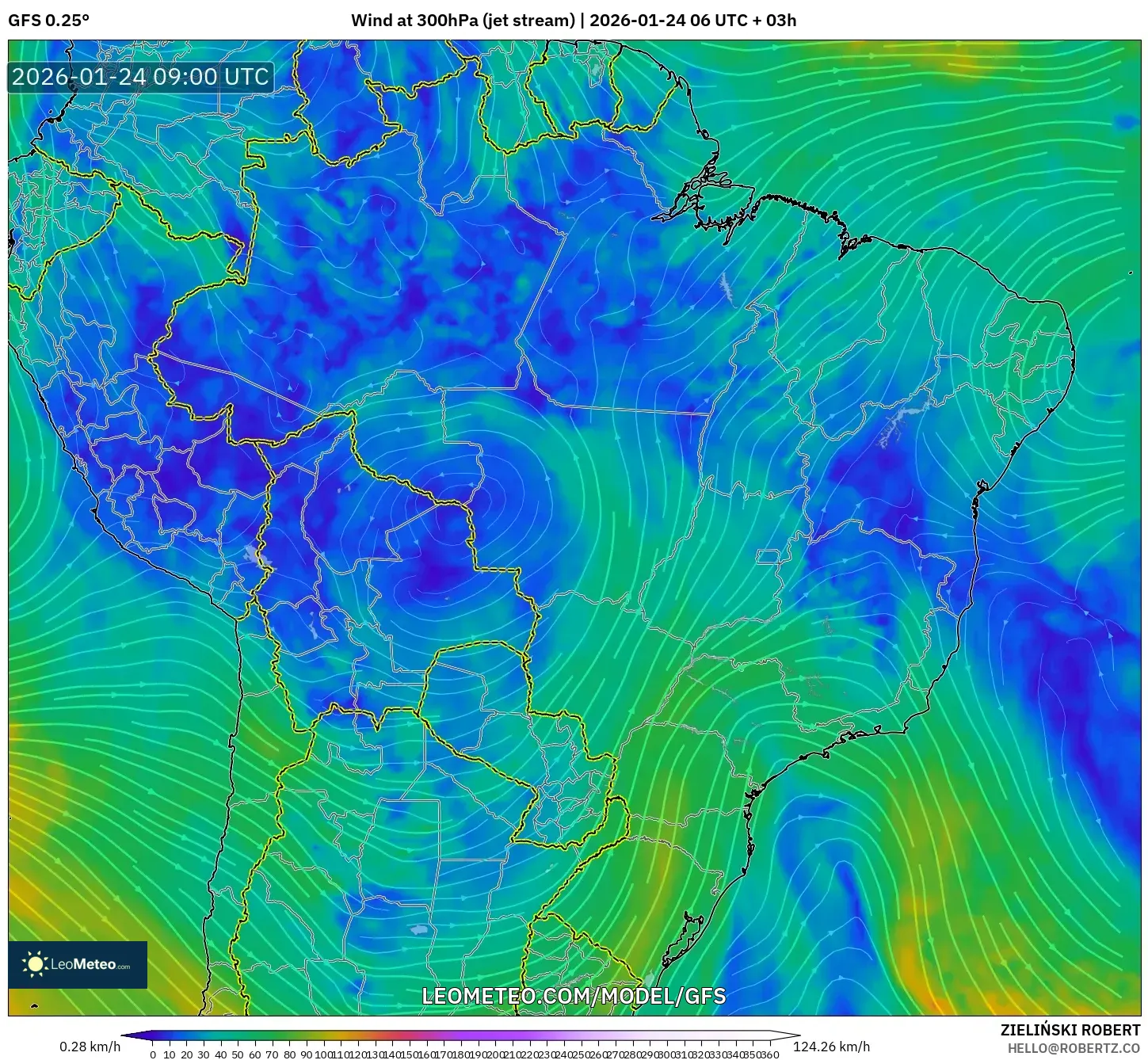 GFS model - Brazil, Wind at 300hPa (jet stream)
