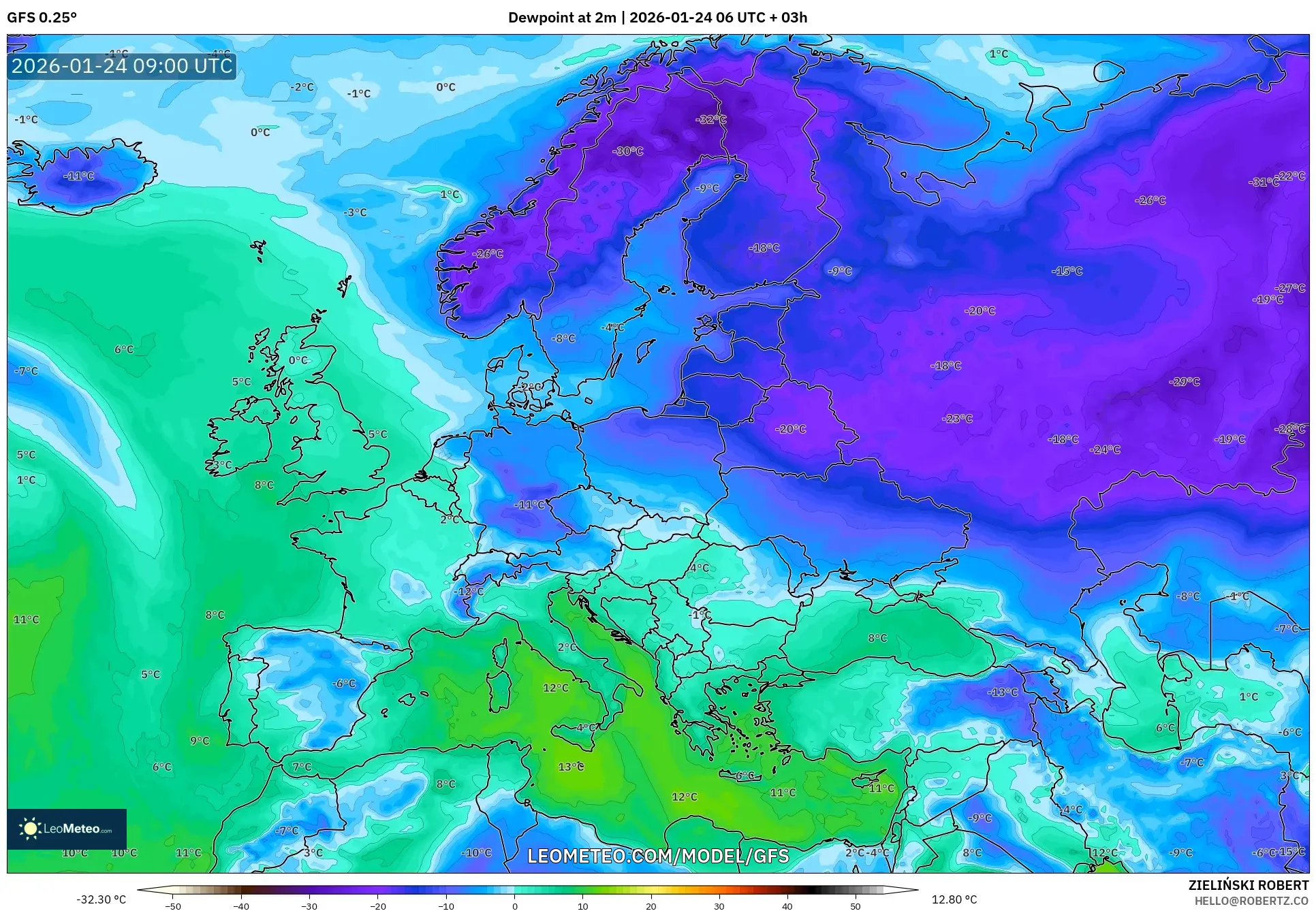 GFS model - Europe, Dewpoint at 2m