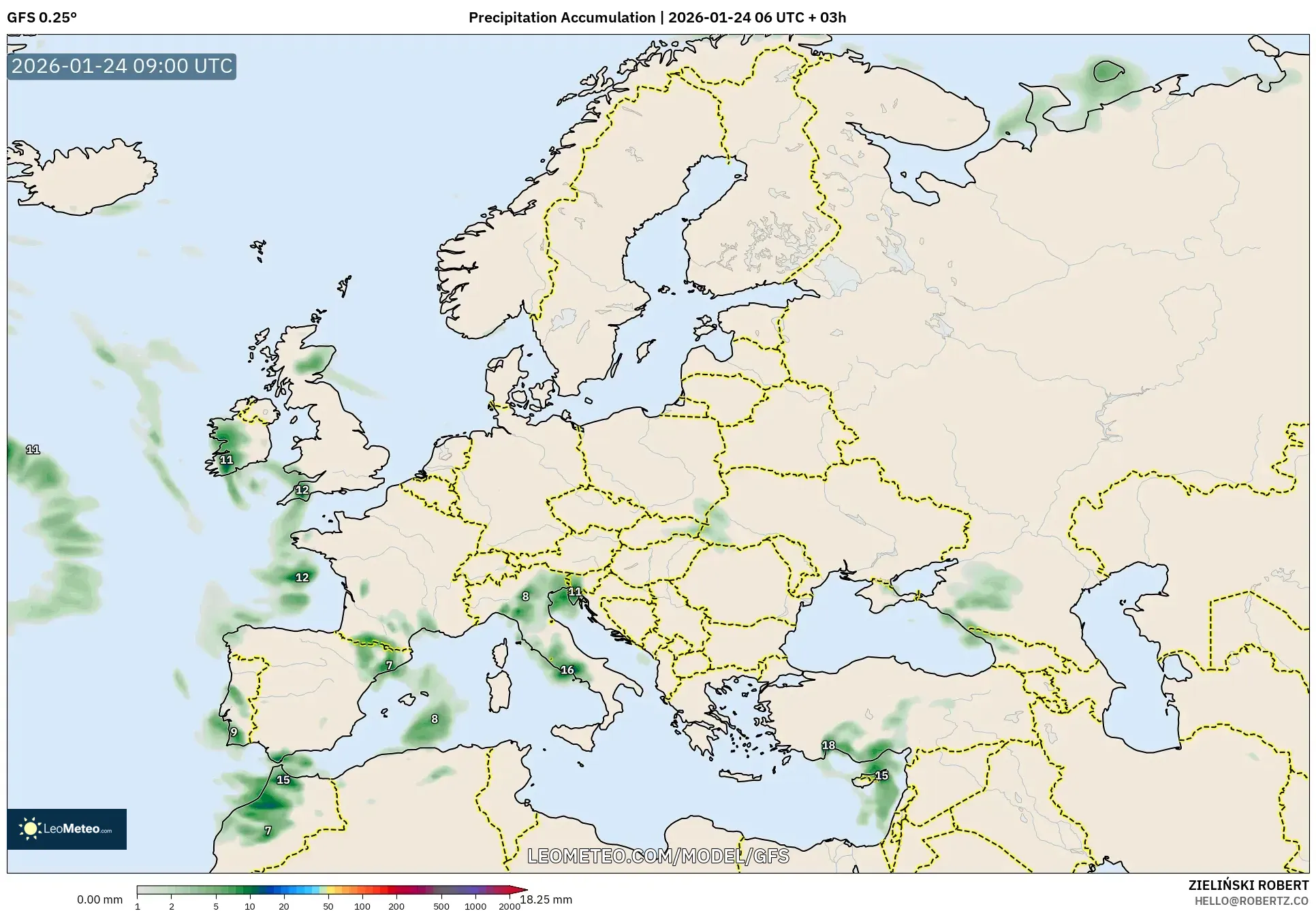 GFS model - Europe, Precipitation Accumulation