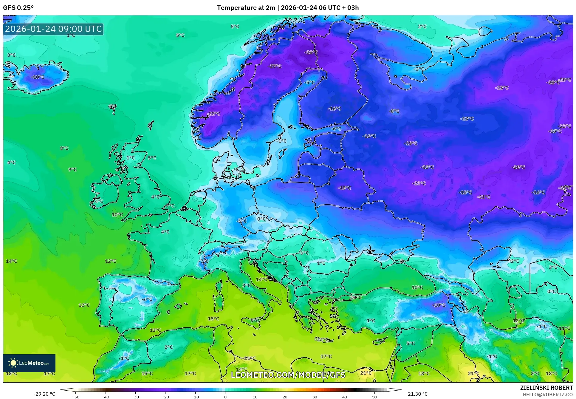 GFS model - Europe, Temperature at 2m