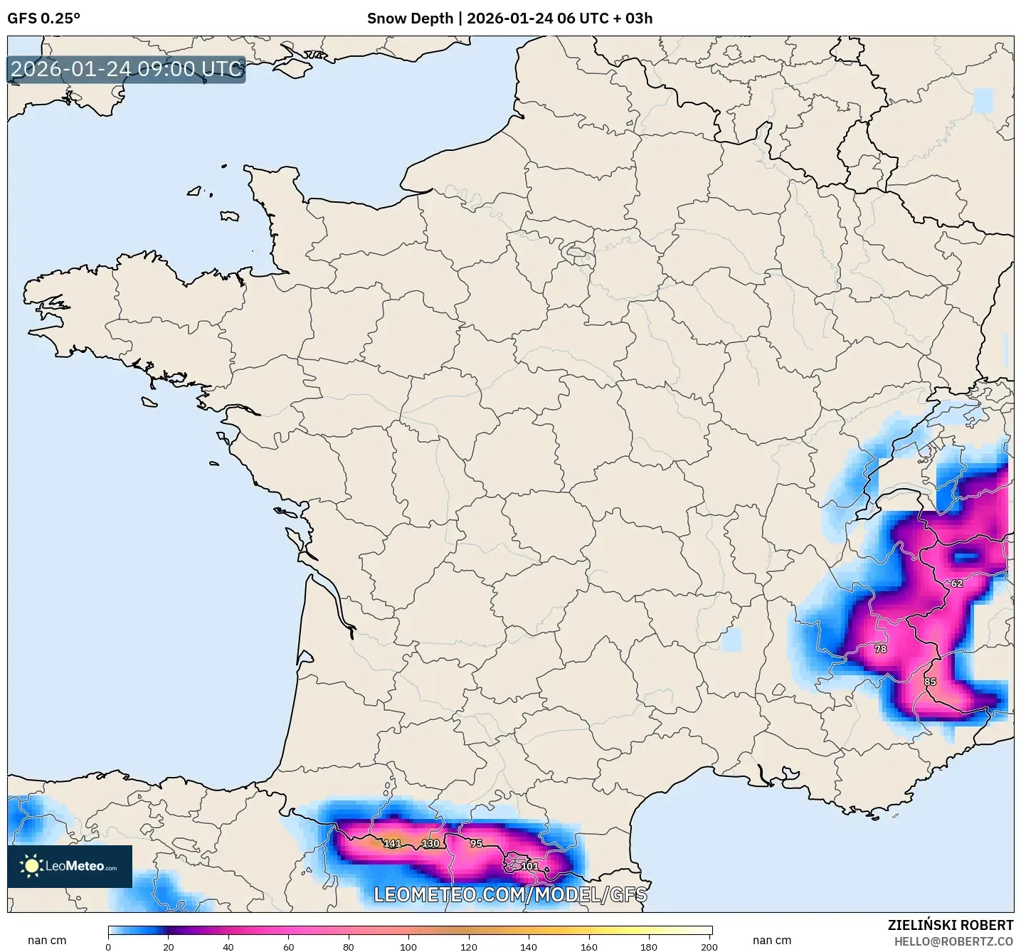 GFS model - France, Snow Depth