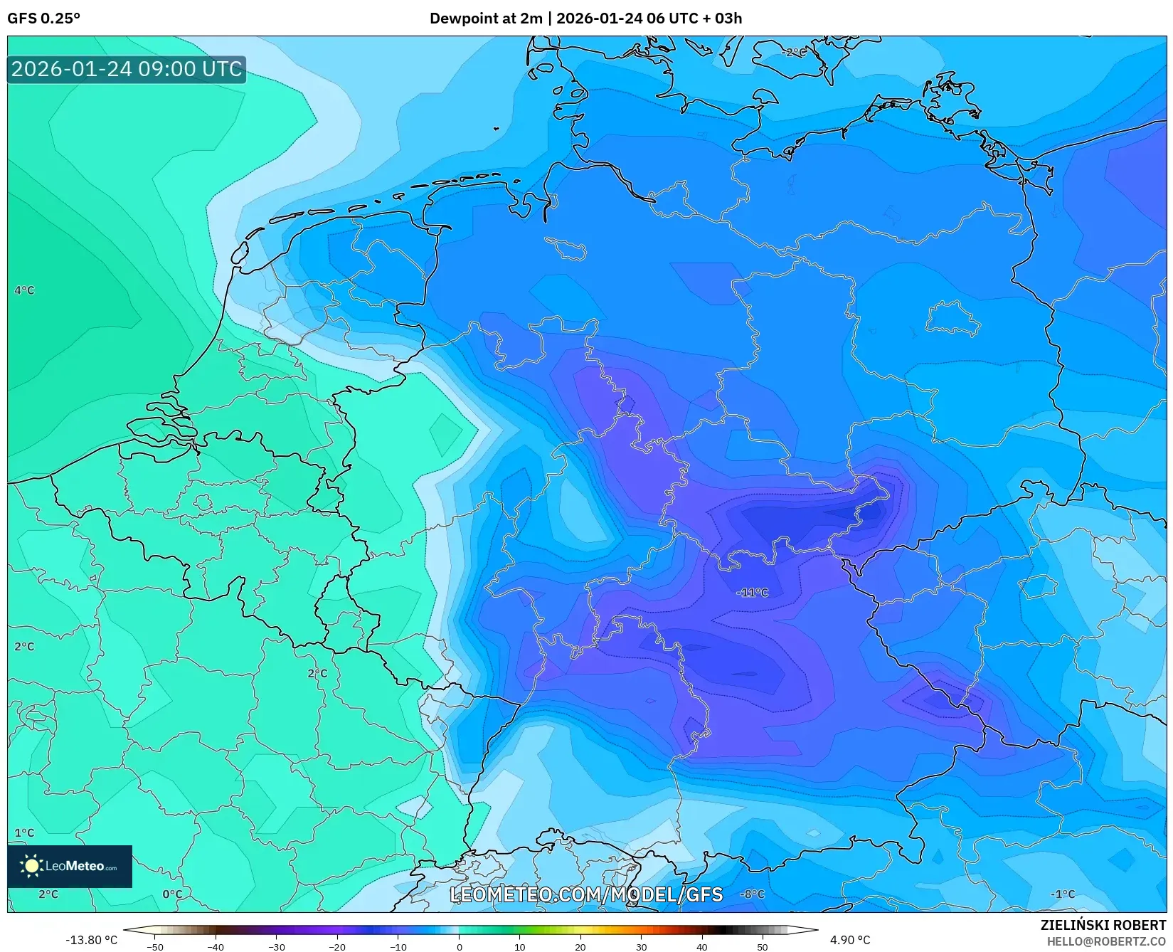 GFS model - Germany, Dewpoint at 2m
