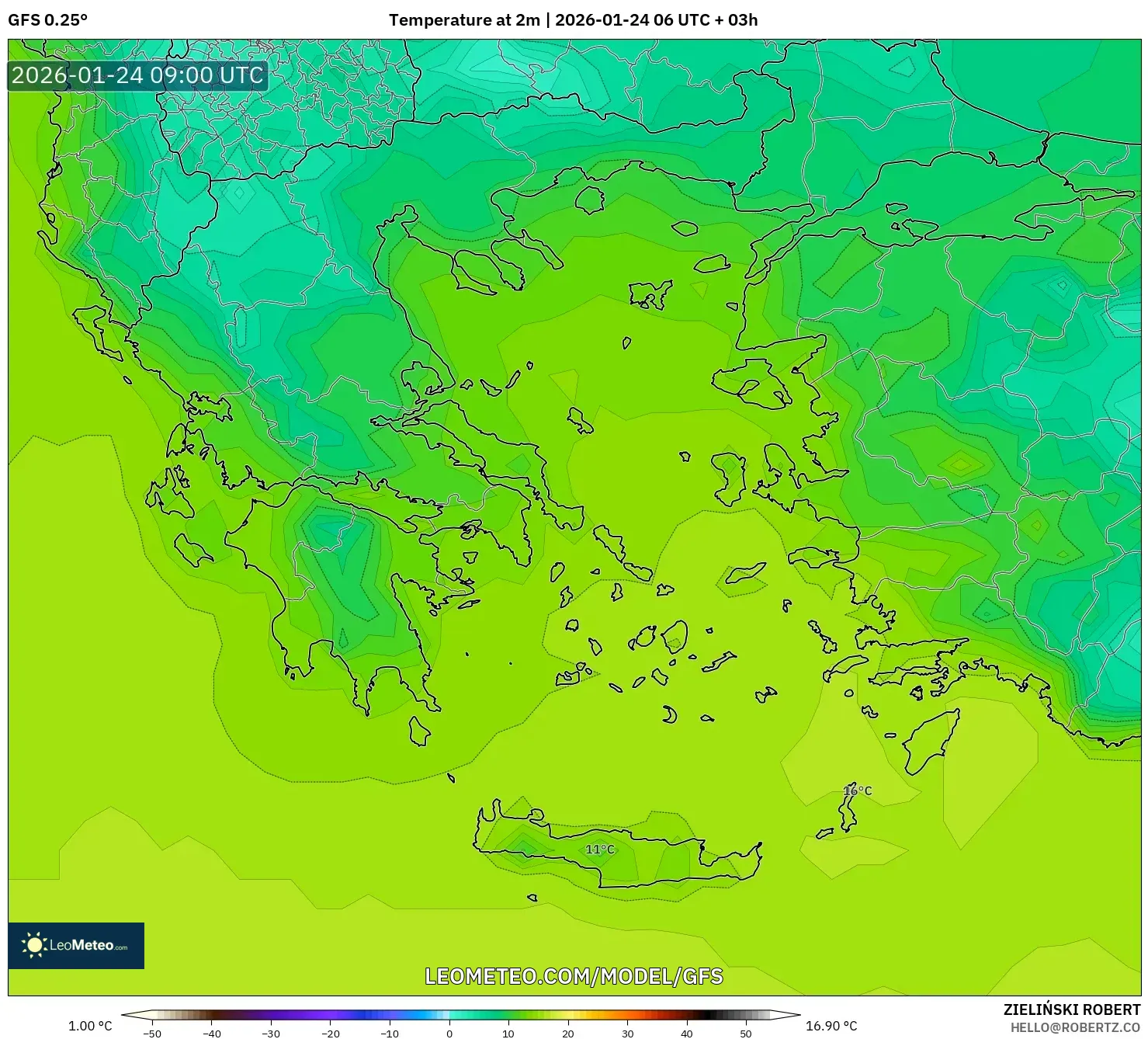 GFS model - Greece, Temperature at 2m