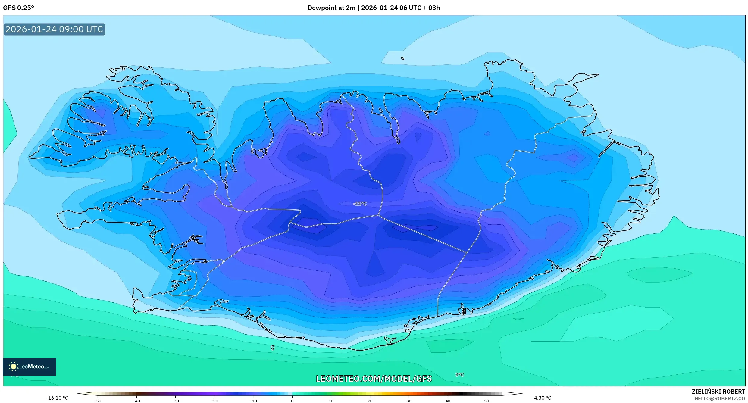 GFS model - Iceland, Dewpoint at 2m
